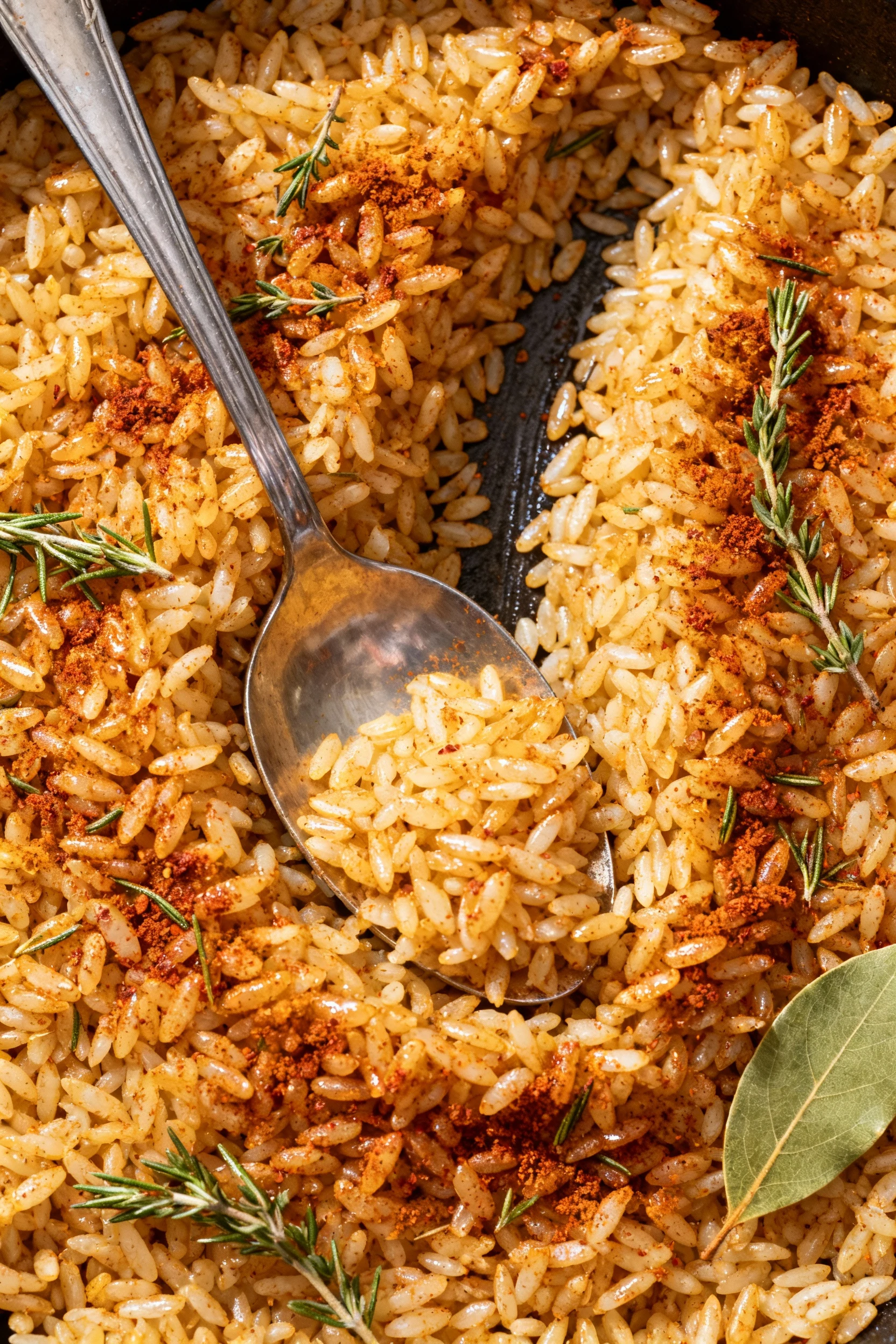 3. Overhead shot of rice being toasted with Cajun seasoning, thyme, and bay leaf, grains coated and glistening, spoon cr