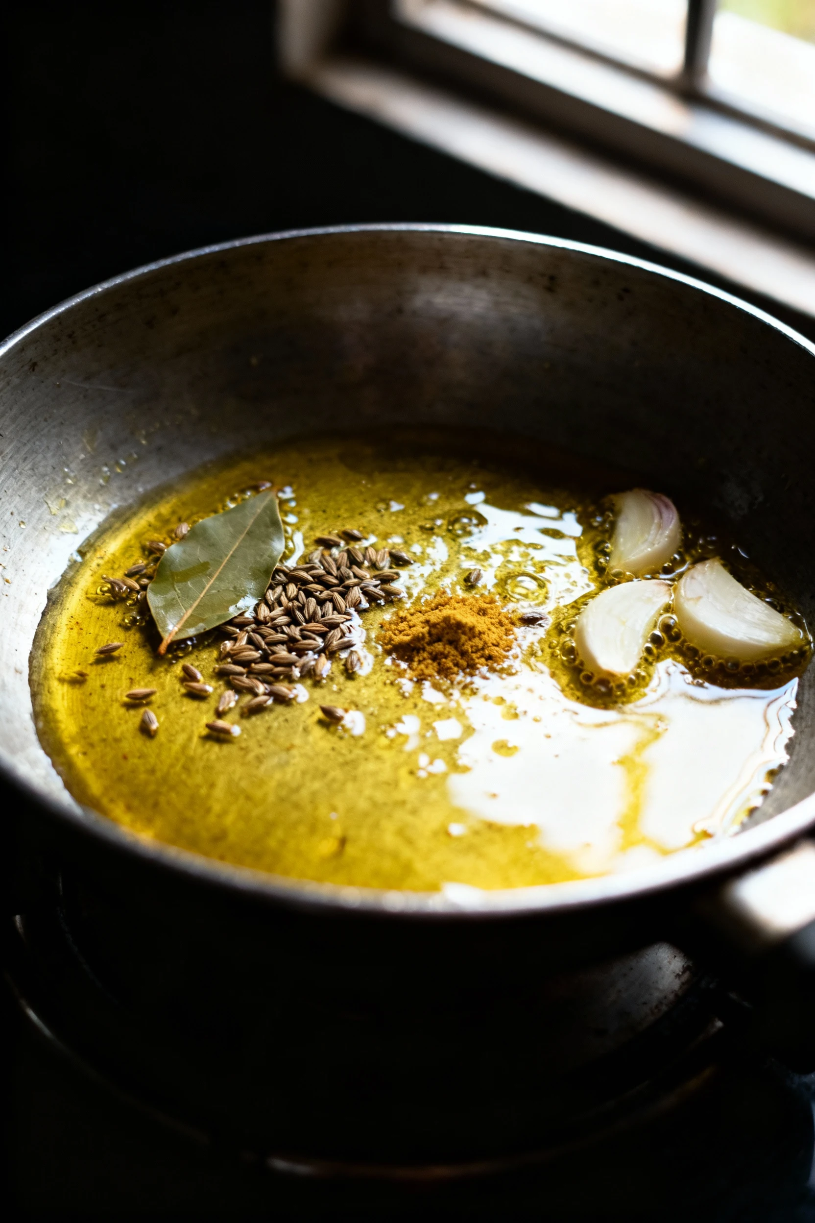 3. Cooking process: tadka sizzling in ghee—cumin seeds, bay leaf, pinch of hing and garlic slices bubbling in a small ka