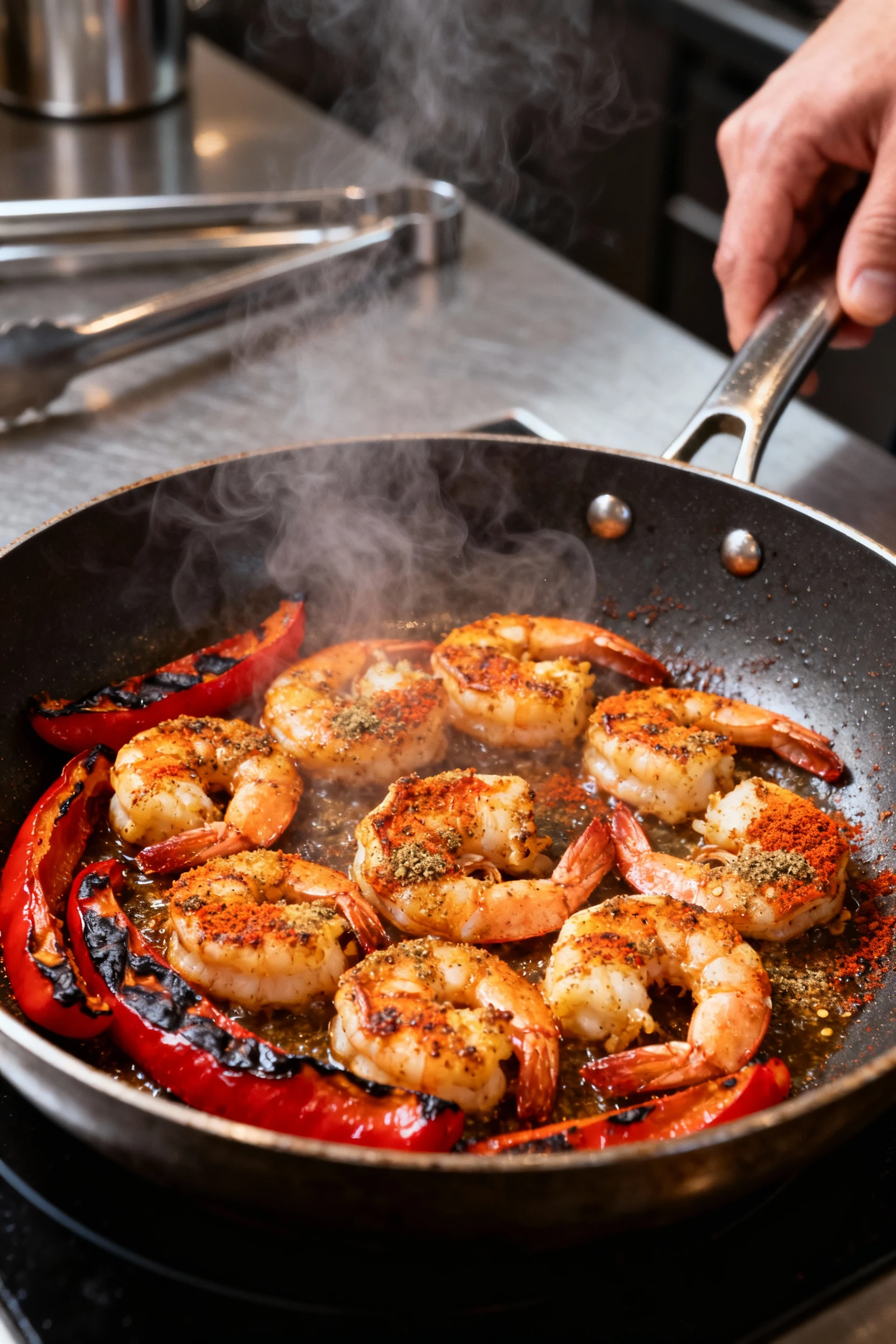 Cooking process: shrimp searing in a hot skillet, paprika–cumin crust browning, charred bell pepper strips alongside; no