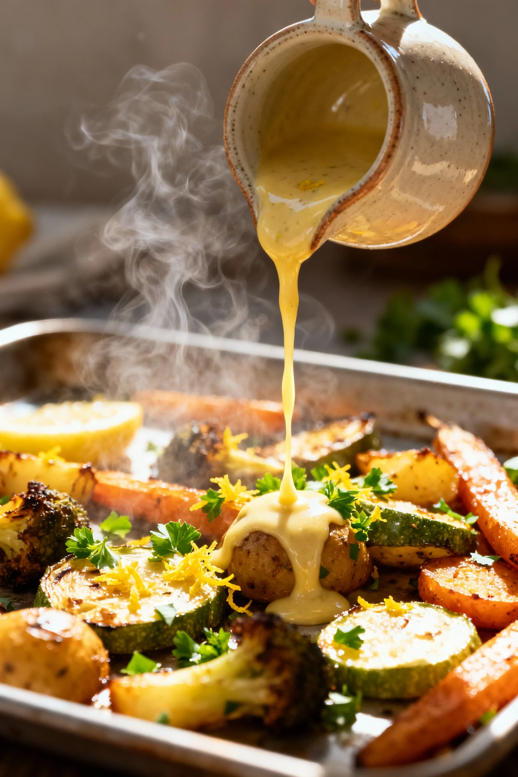 3. Cooking process: lemon-tahini drizzle pouring from a small ceramic pitcher over the hot roasted veg on the sheet pan,