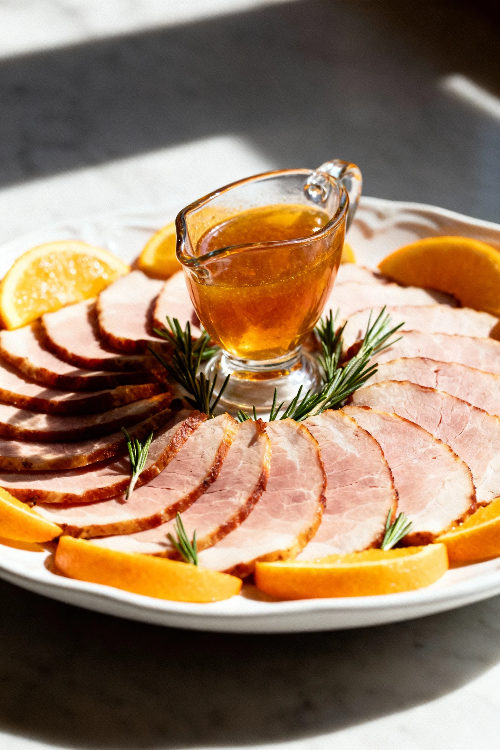 Beautifully plated ham slices fanned with rosemary sprigs, orange wedges, and a glossy pitcher of reduced pan-dripping s
