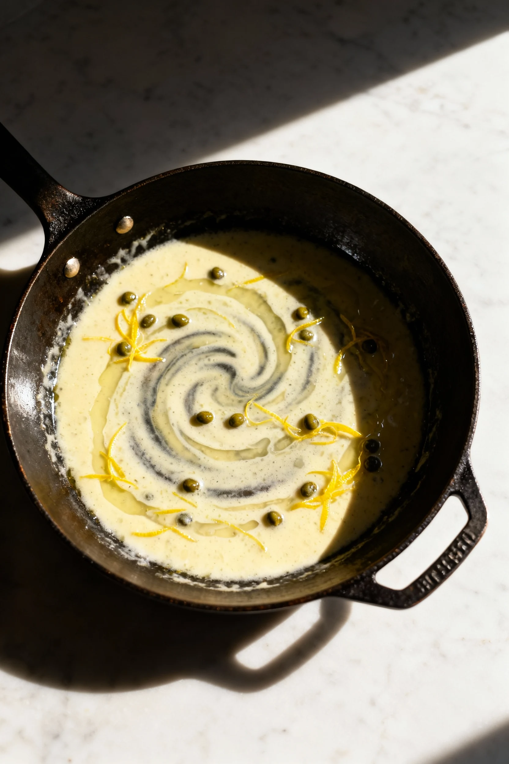 Overhead of skillet deglaze: glossy lemon-butter white wine sauce with capers and lemon zest swirling through the fond, 