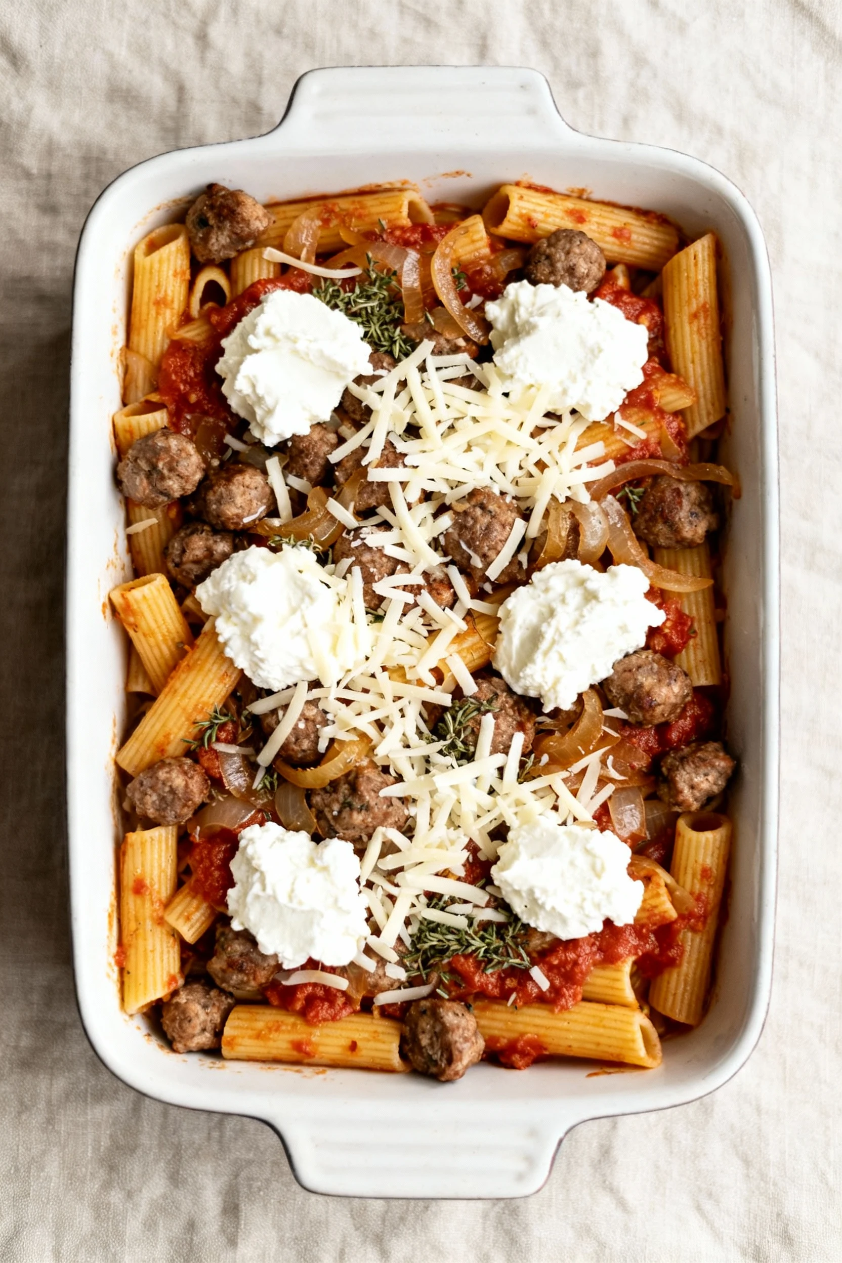 Process shot, top-down: mid-layering inside the baking dish—parboiled ziti tossed in marinara, a scatter of browned Ital