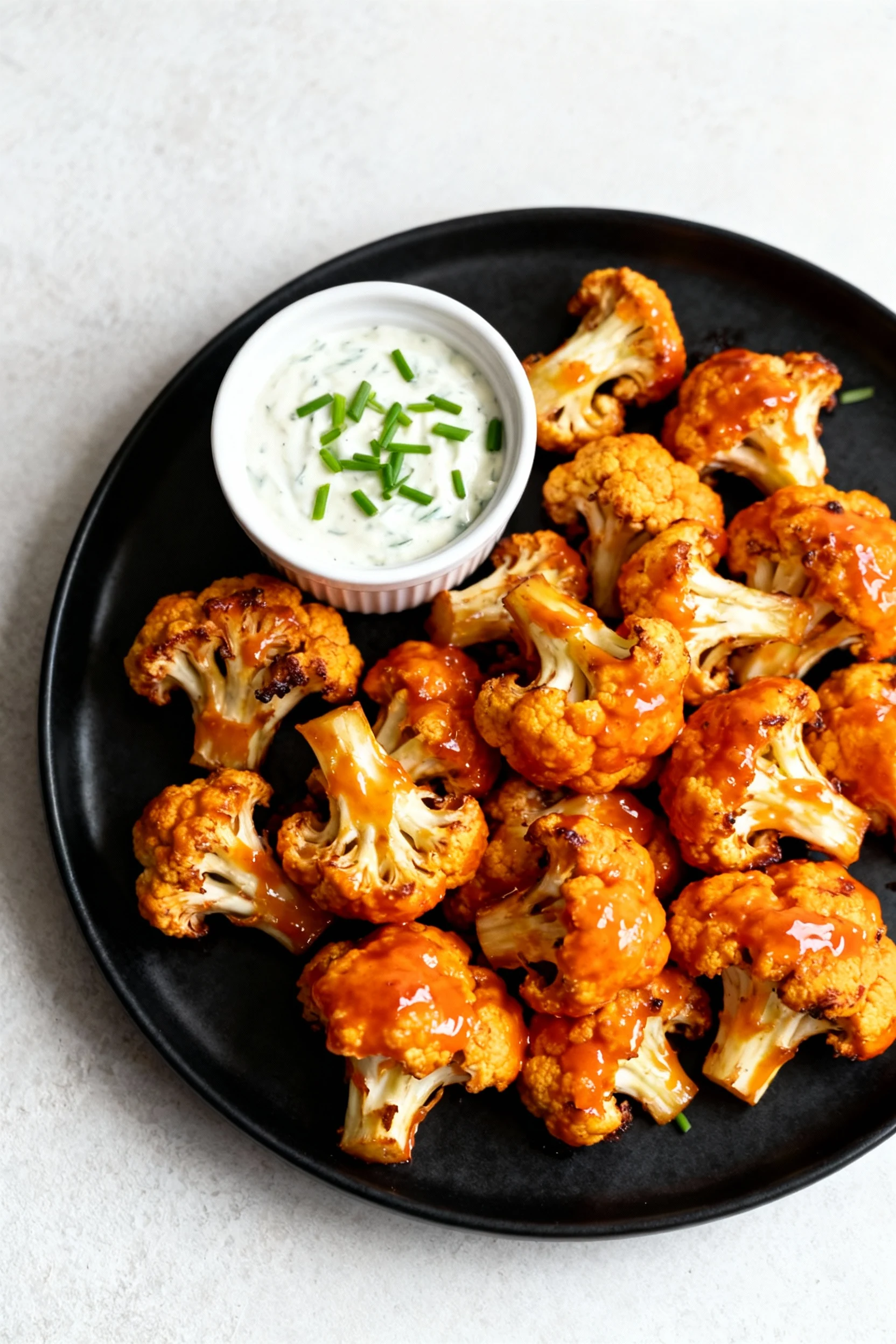 3. Overhead shot of Buffalo roasted cauliflower tossed post-roast, glossy orange glaze clinging to craggy florets, ramek