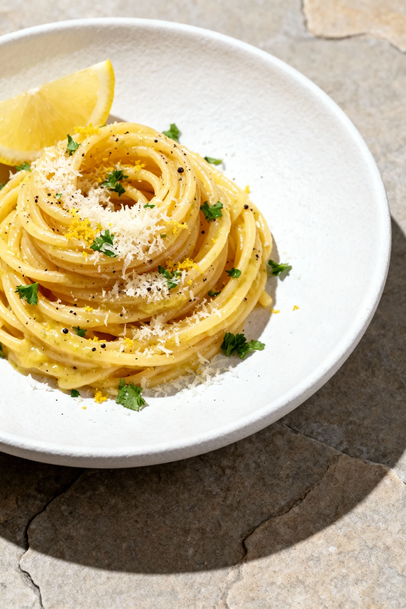 Overhead shot of a twirled nest of lemon pasta on a matte white plate, sauce clinging to every strand, shower of finely