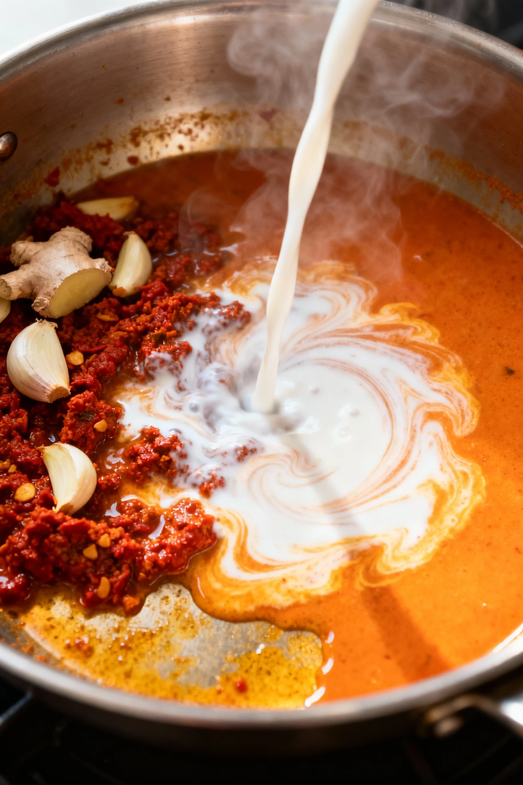 Cooking process — Thai coconut curry base blooming in pot: red curry paste sizzling with garlic and ginger, then deglaze