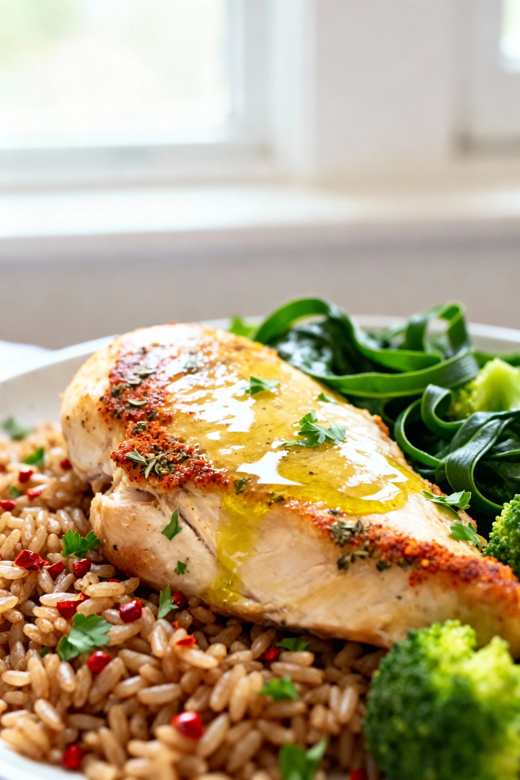 Close-up detail of lemony chicken and brown rice: glistening olive-oil sheen, paprika/oregano crust on chicken edges, di