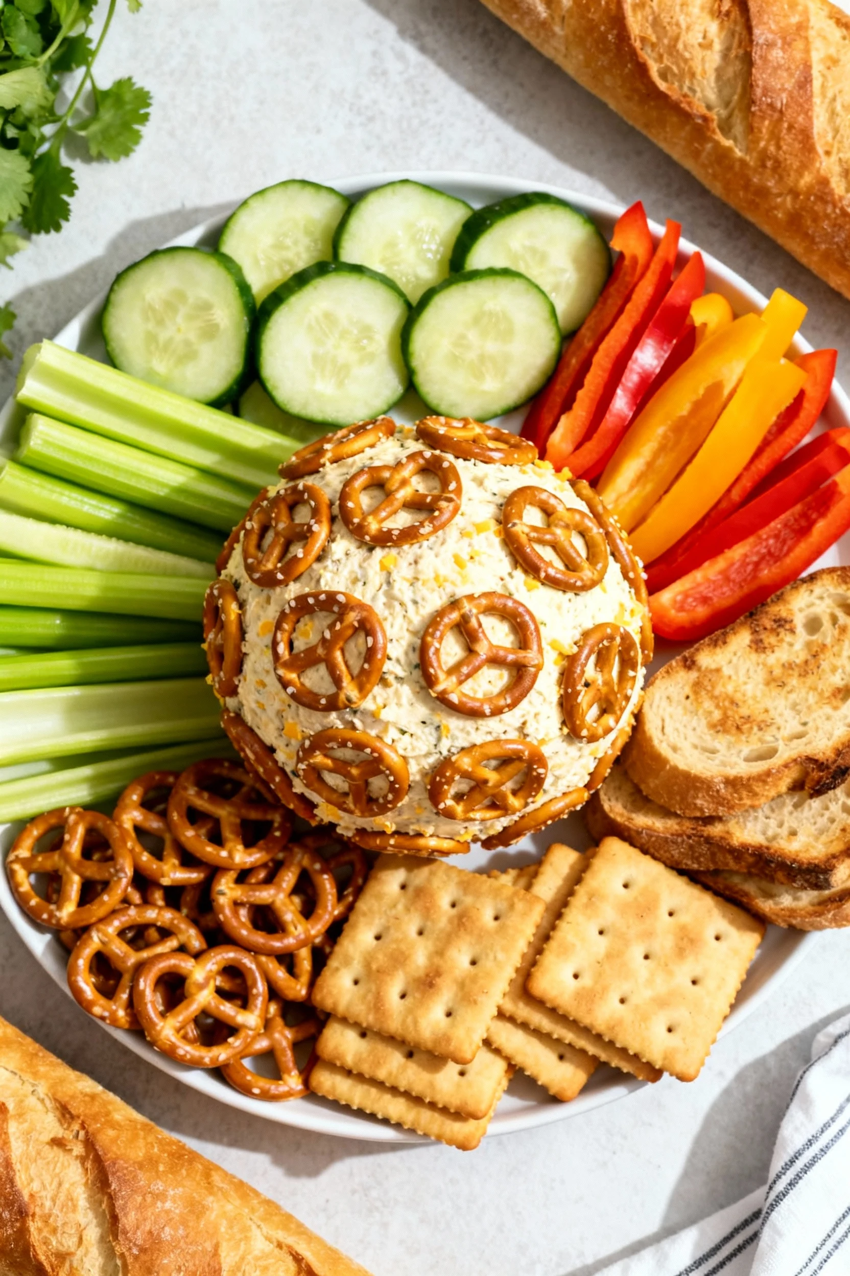 Overhead: party platter with pretzel + cheese-cracker-coated cheeseball centered, surrounded by celery sticks, cucumber 