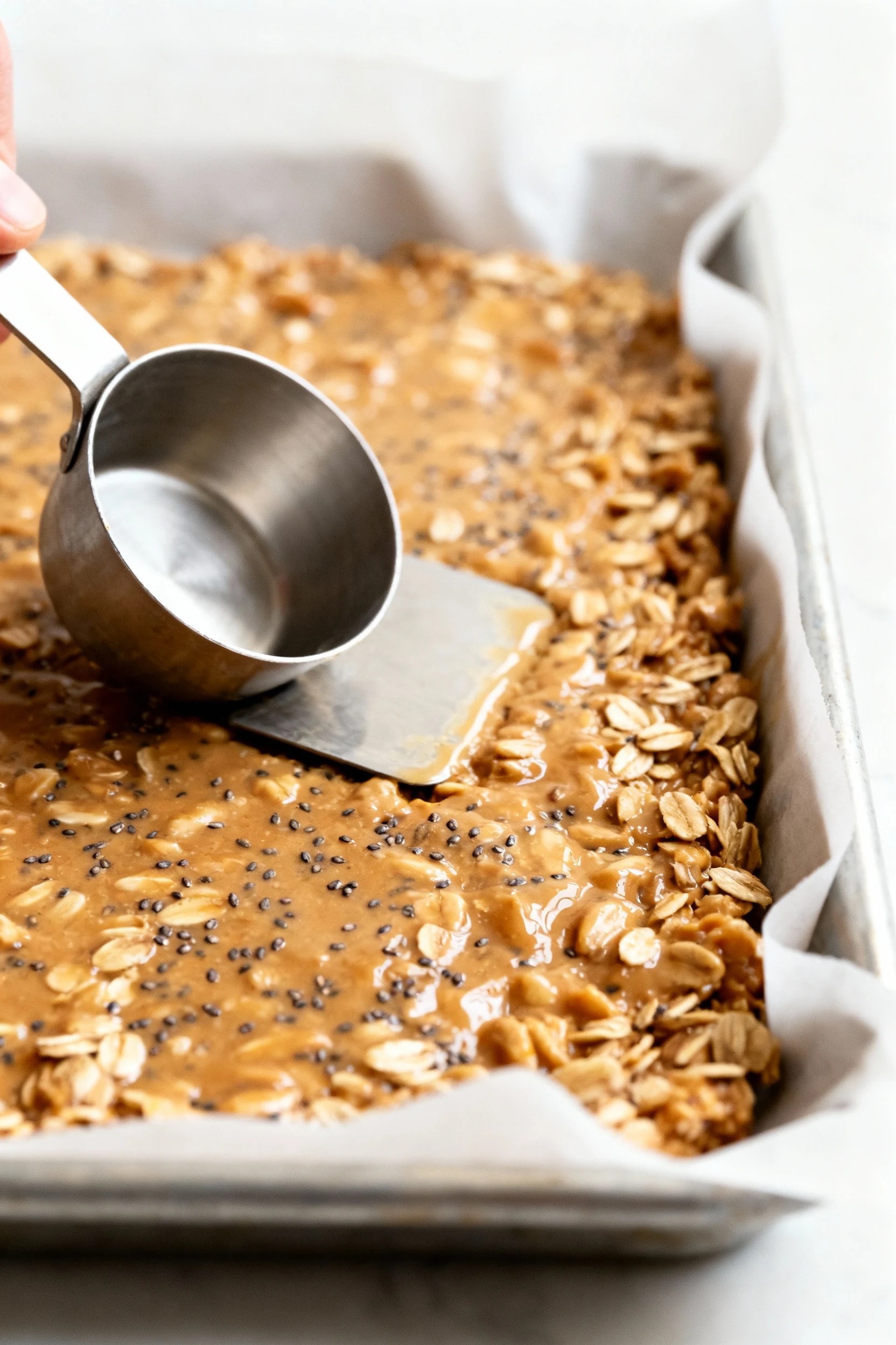 Cooking process: tight shot of the peanut butter–oat mixture being firmly pressed into a parchment-lined pan with the fl