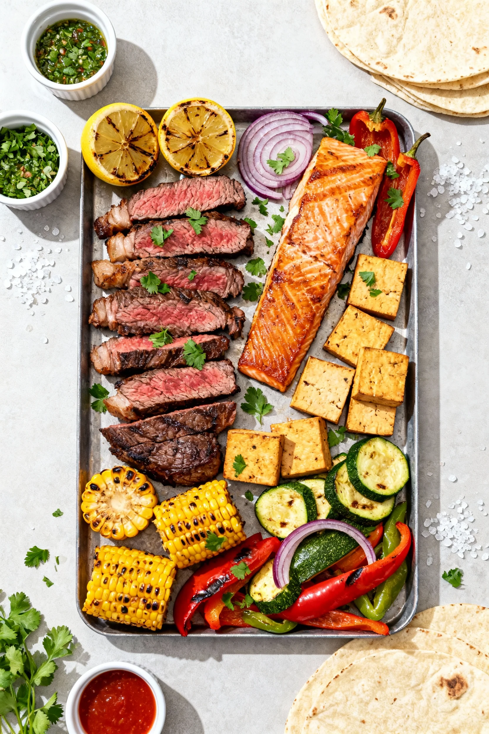 Overhead mixed-grill platter: medium-rare steak sliced against the grain, crispy-skin salmon, golden tofu slabs, charred