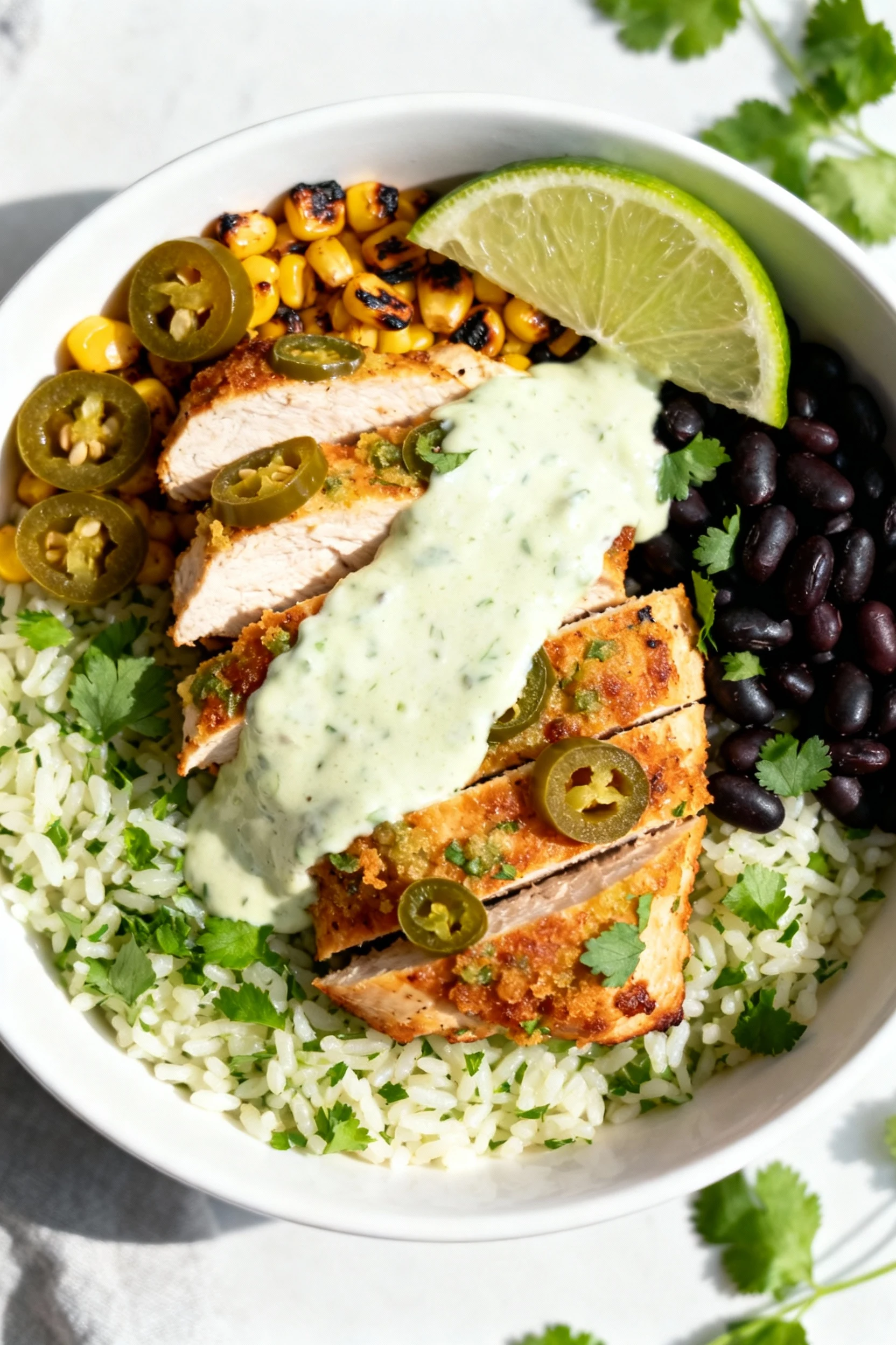 Overhead shot of sliced jalapeño popper chicken over cilantro-lime rice with creamy sauce spooned on, black beans and ch