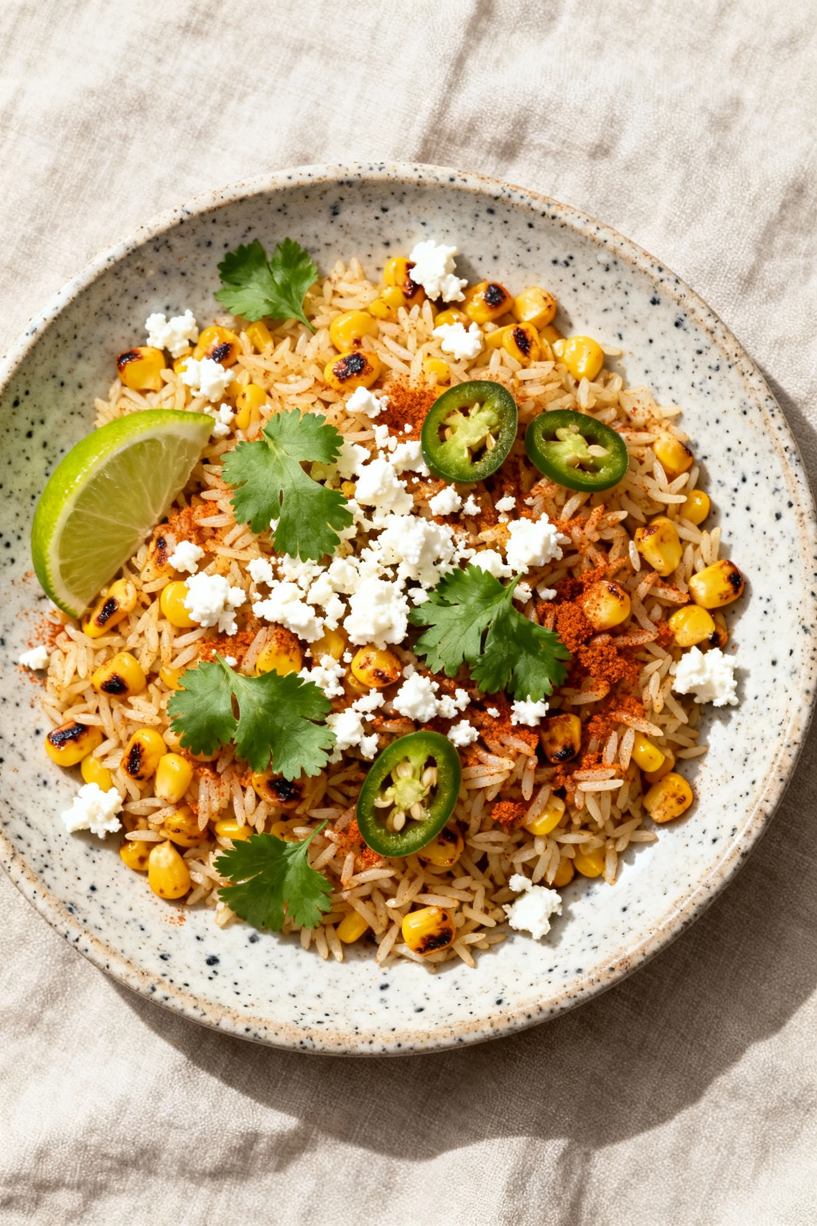 Overhead shot: Mexican Street Corn Rice—fluffy basmati with charred corn, warm cumin–smoked paprika color, cotija crumbl