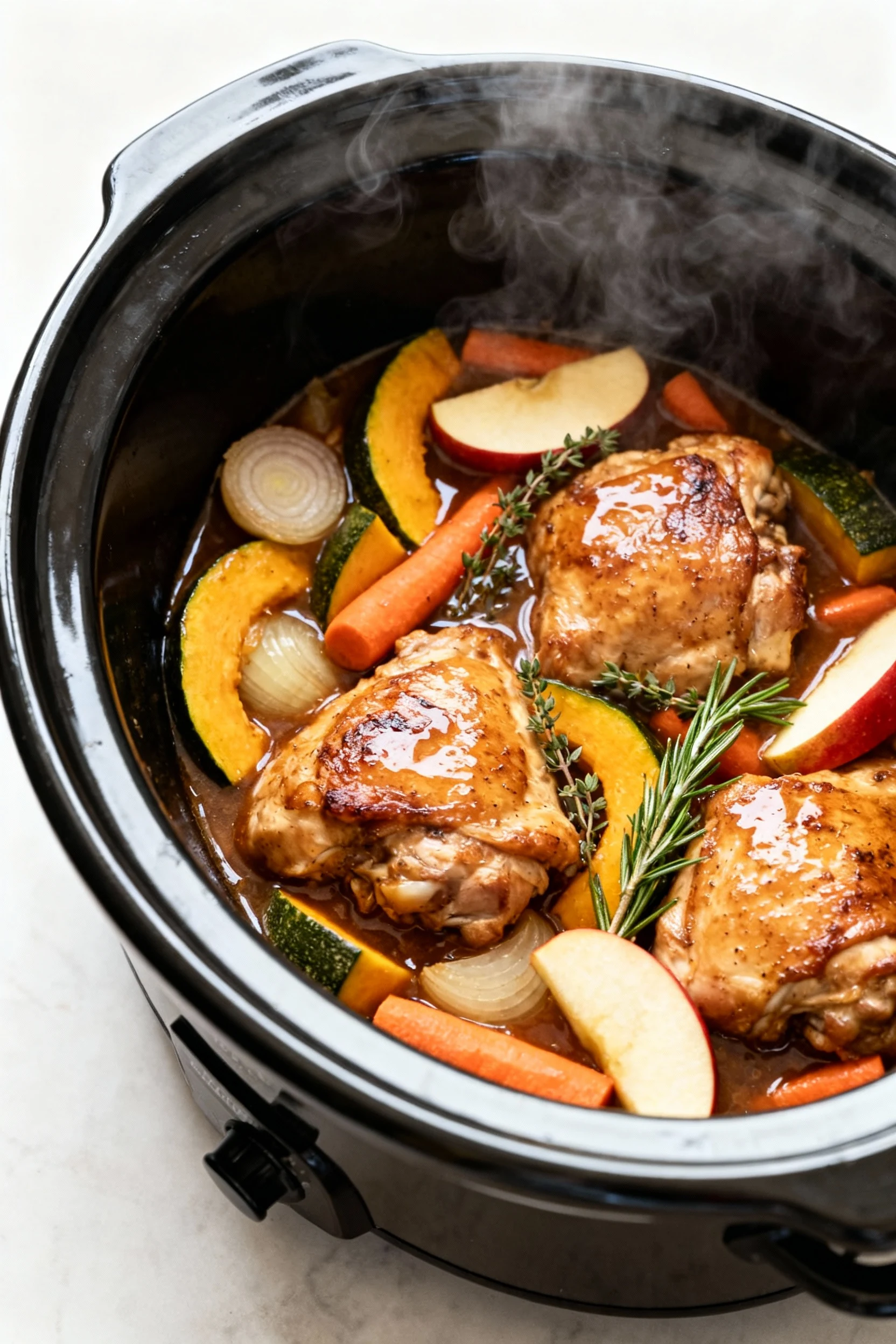 Overhead shot of slow cooker at finish: juicy chicken thighs nestled in tender squash, onions, carrots, and apple slices