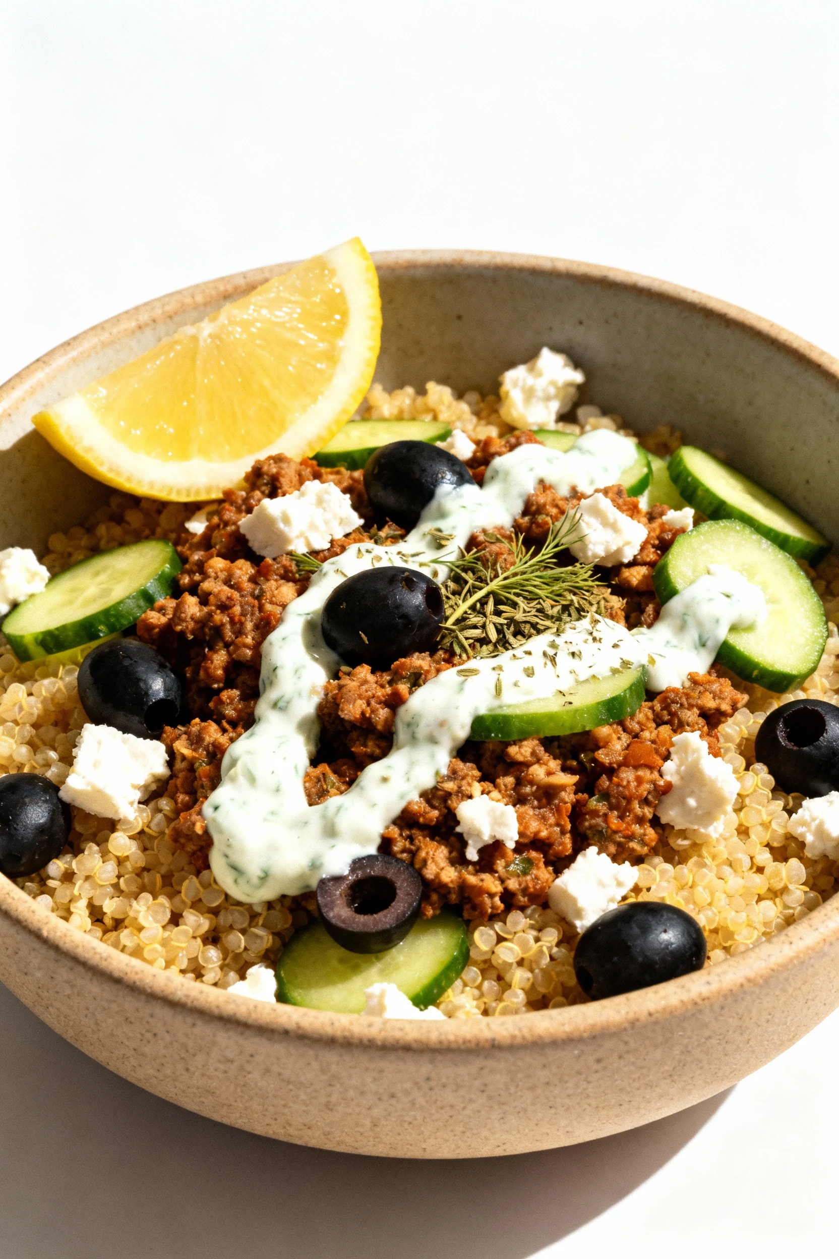 3. Beautifully plated Mediterranean ground turkey bowl over quinoa with cucumber, olives, feta, and tzatziki drizzle; le