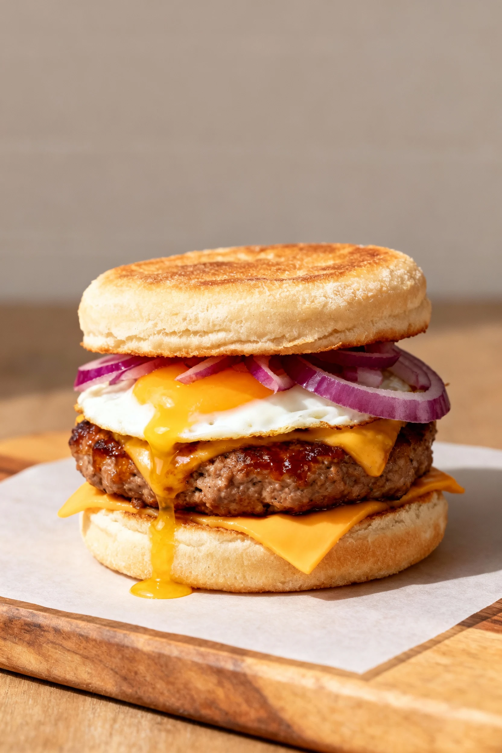 Beautifully stacked breakfast sandwich: toasted English muffin, maple-brushed sausage patty, melted cheddar, runny fried