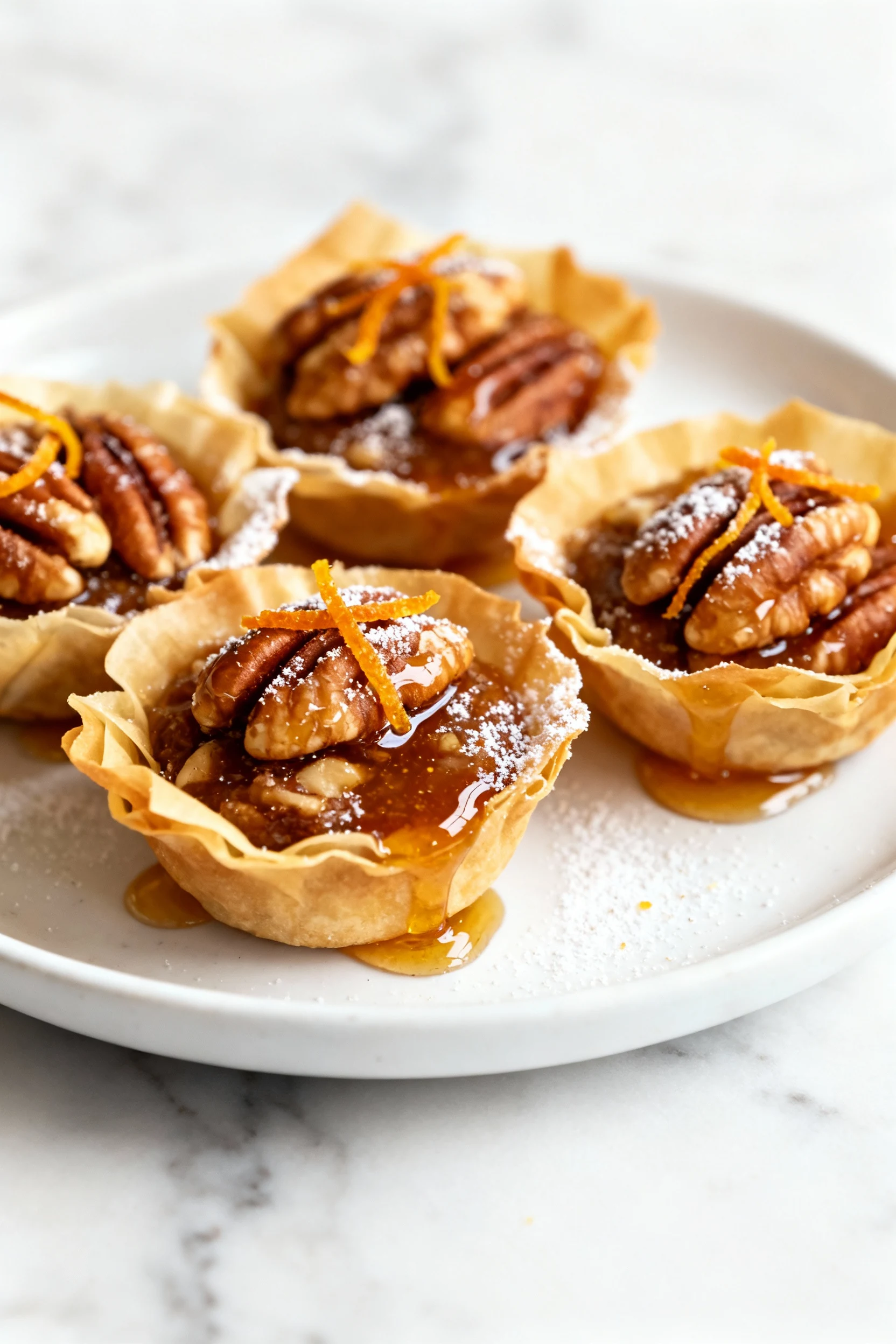 Beautifully plated honey–nut mini phyllo cups on a small white ceramic plate, glossy walnut–pecan filling with cinnamon 