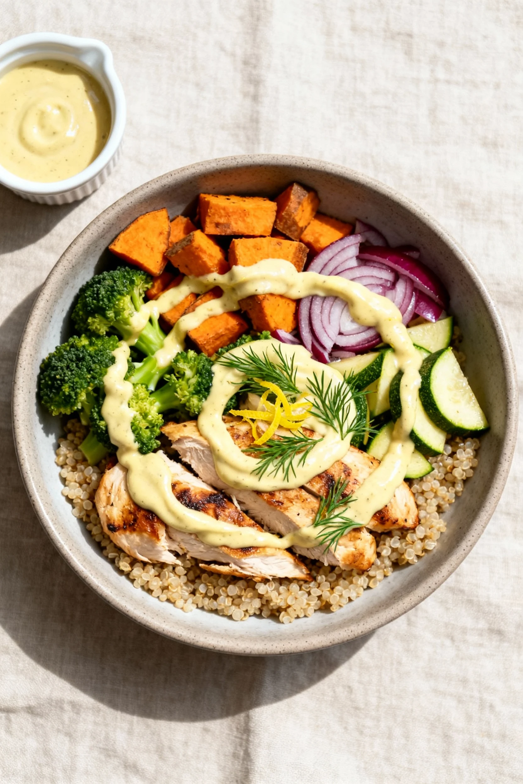 Overhead shot of a finished bowl: cooked quinoa base topped with roasted chicken, sweet potato, broccoli, red onion, and