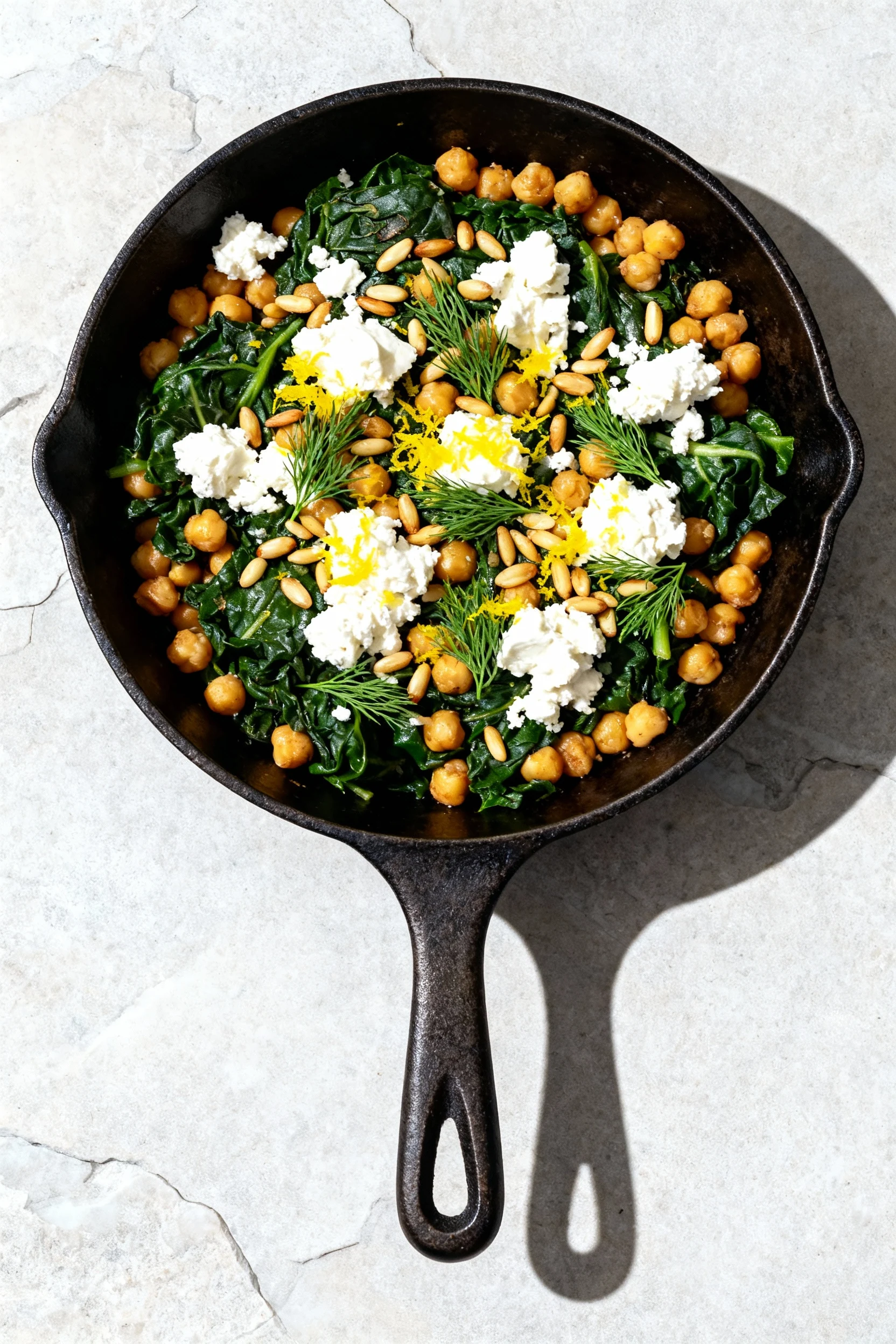 Tasty top view: overhead shot of the finished chard-and-chickpea skillet crowned with crumbled feta, toasted pine nuts, 