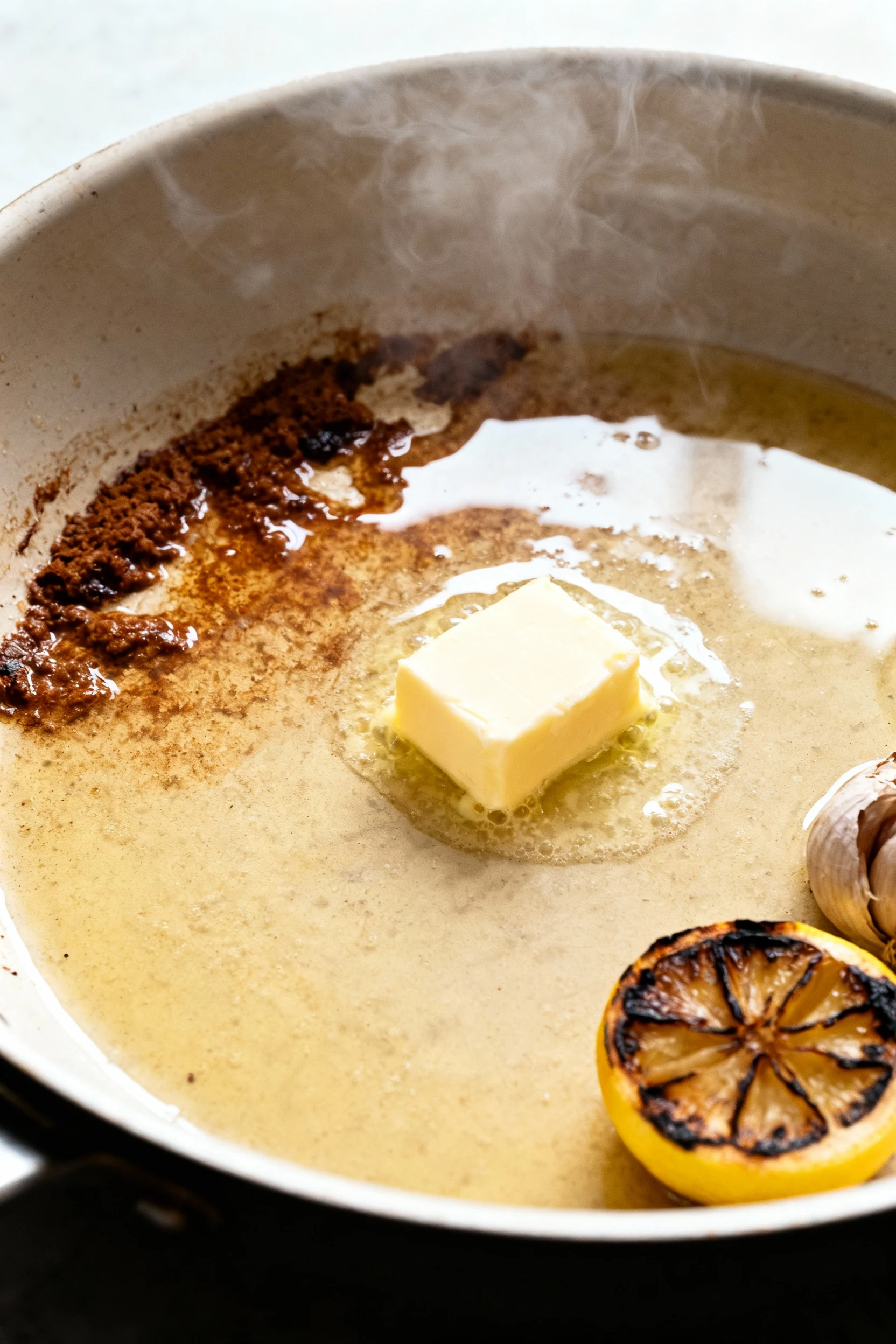 Cooking process: deglazing the shallow roasting pan with white wine after roasting—brown fond lifting into a glossy sauc