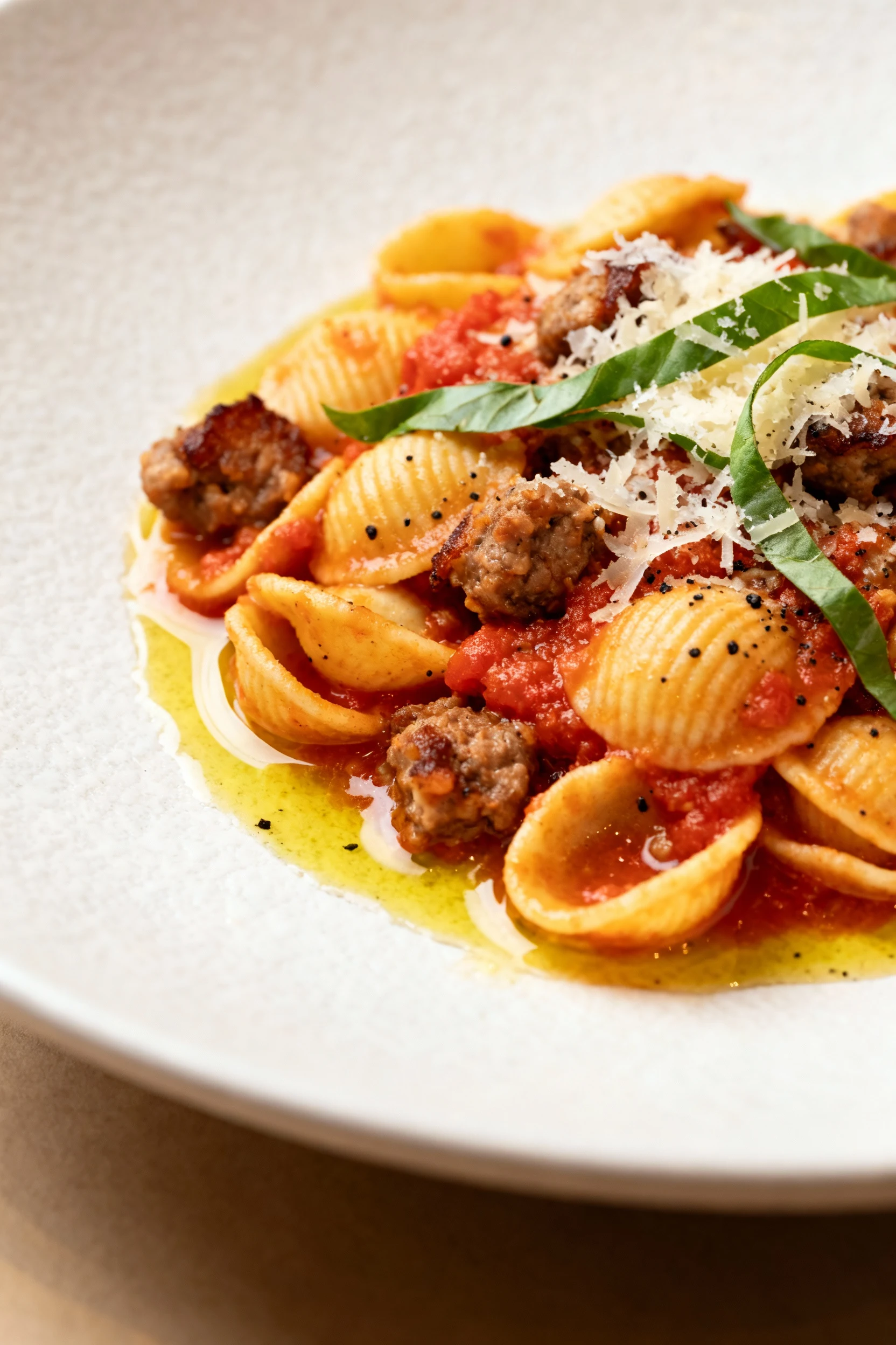 Final dish (Tomato-Basil): beautifully plated orecchiette with sausage in bright crushed tomato sauce, basil ribbons, ex