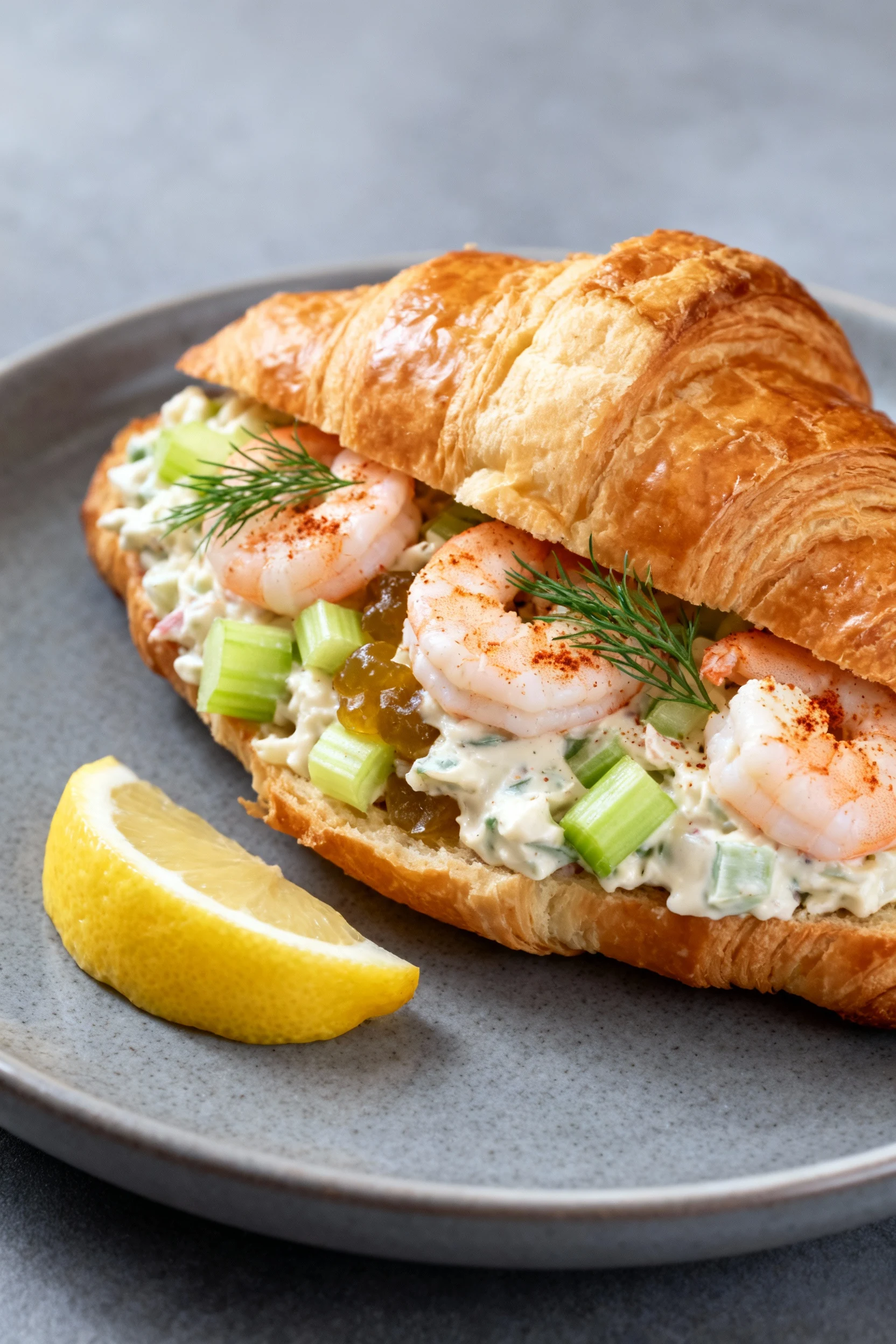 3. Beautifully plated Classic Deli shrimp salad stuffed into a buttered, flaky croissant—extra celery crunch, a touch of