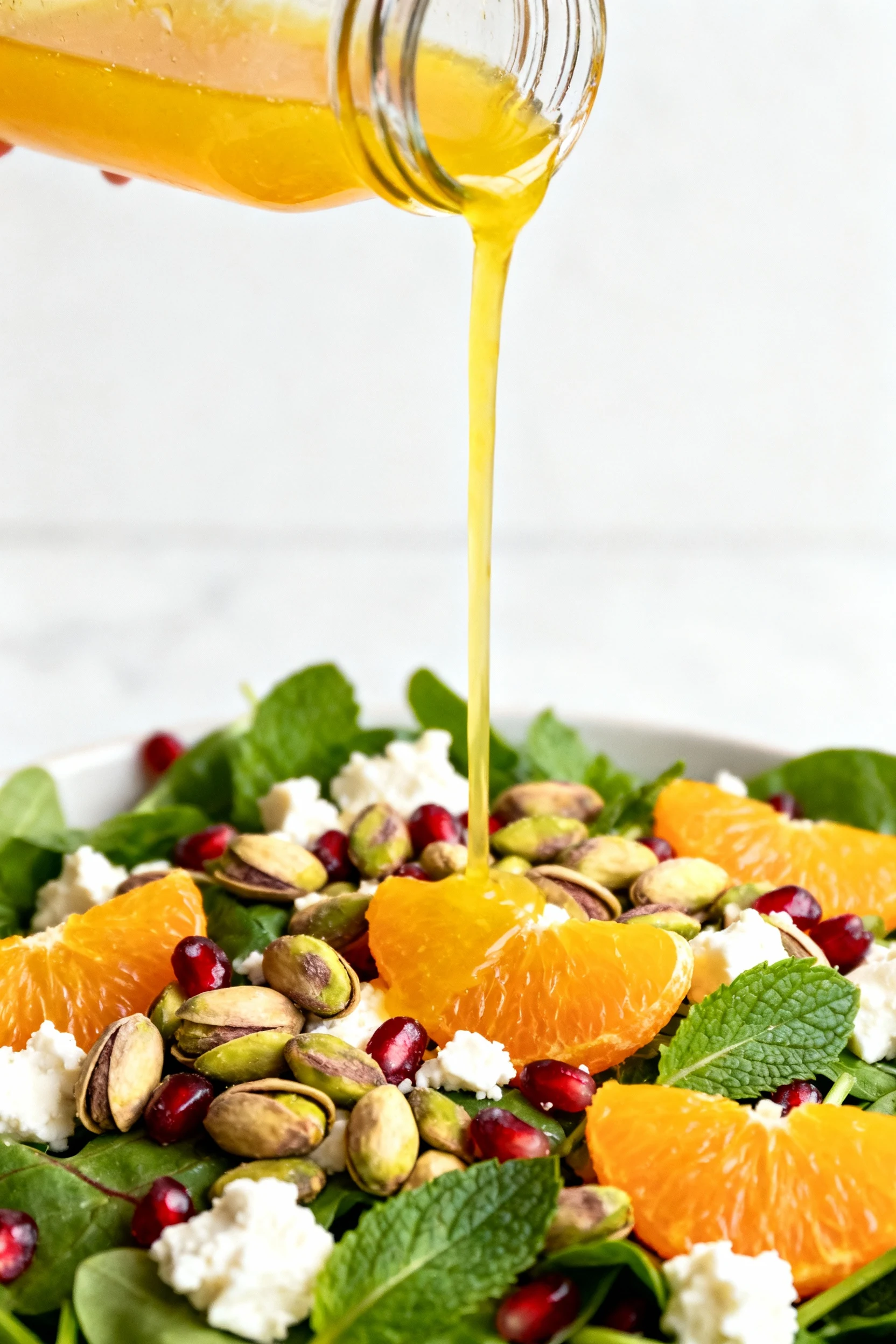 Cooking process: bright maple-citrus vinaigrette streaming from a glass jar onto the pistachio-orange-feta variation; mi