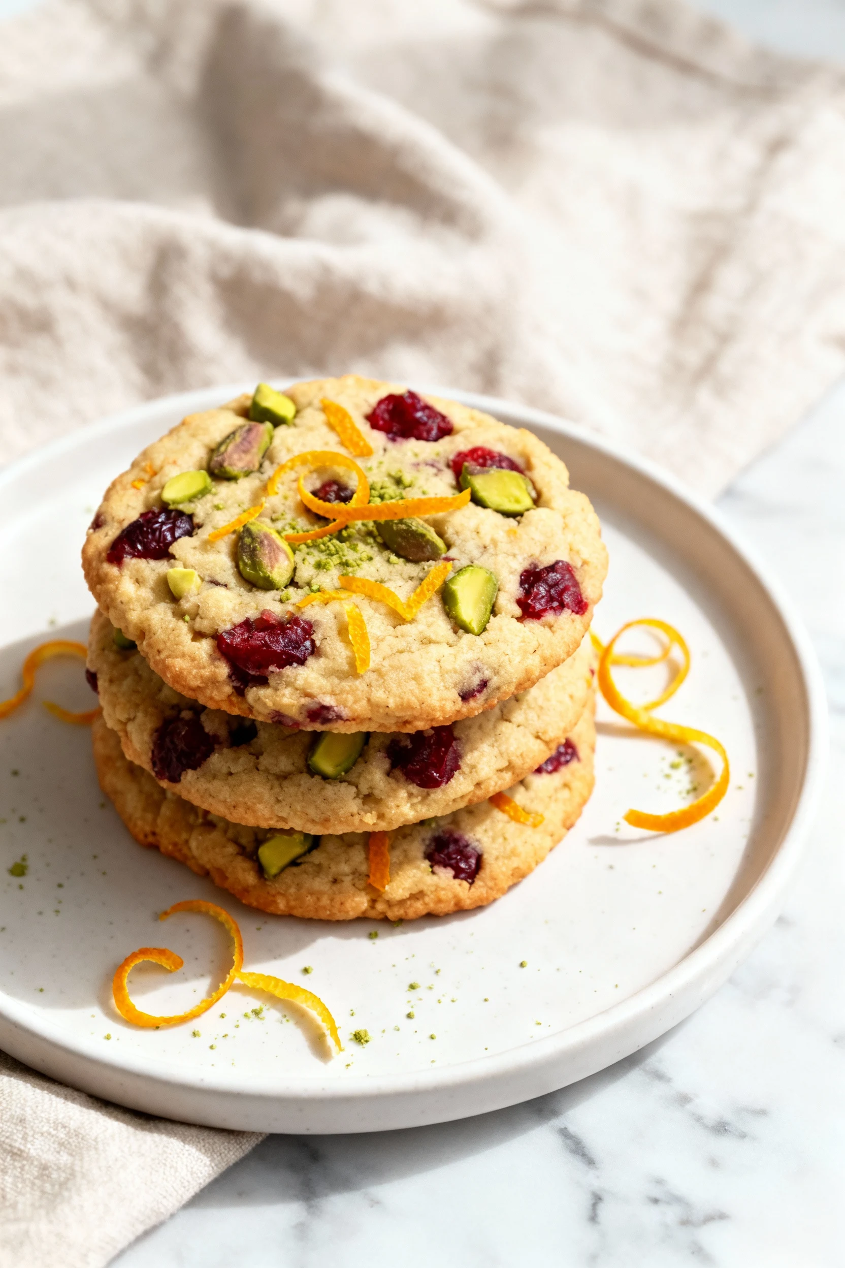Beautifully plated Orange Cranberry Crunch cookies stacked on a matte white plate; studded cranberries and chopped pista