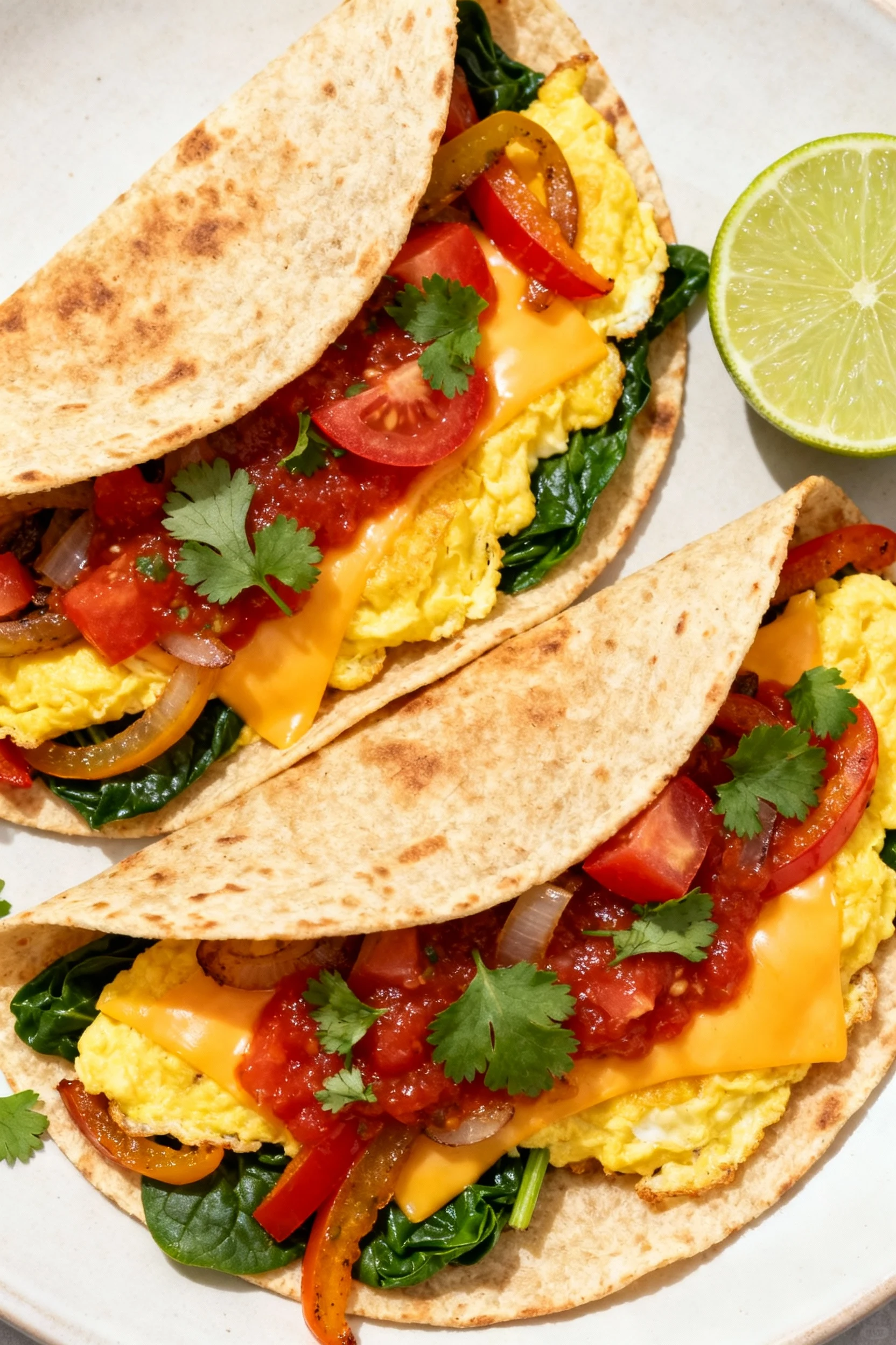 Overhead shot of breakfast tacos: warm tortillas filled with soft eggs, melted cheddar, sautéed peppers and onions, spin