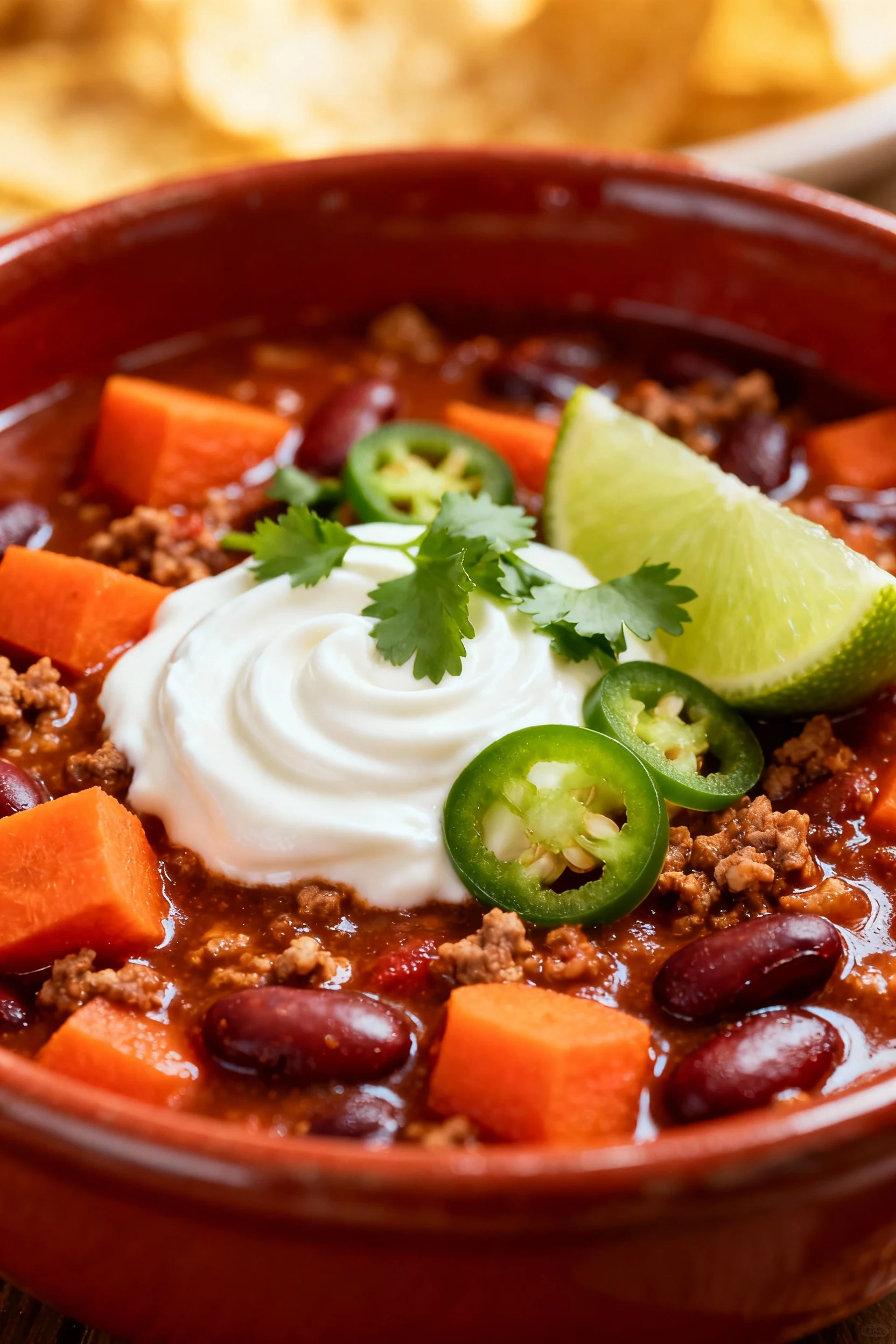 Macro final bowl: richly red turkey chili with glossy beans, tender carrot cubes, and smoky sheen; topped with a swirl o