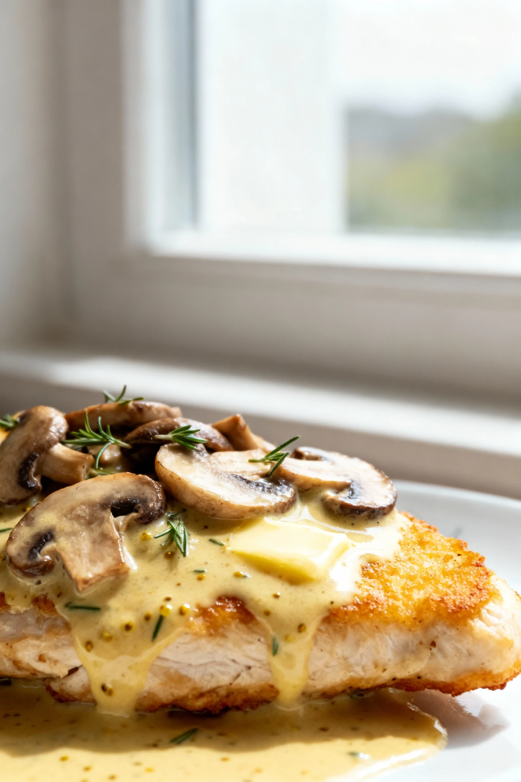Close-up detail: Creamy Mushroom chicken—juicy golden-edged cutlet blanketed in silky cream‑Dijon sauce with sautéed mus