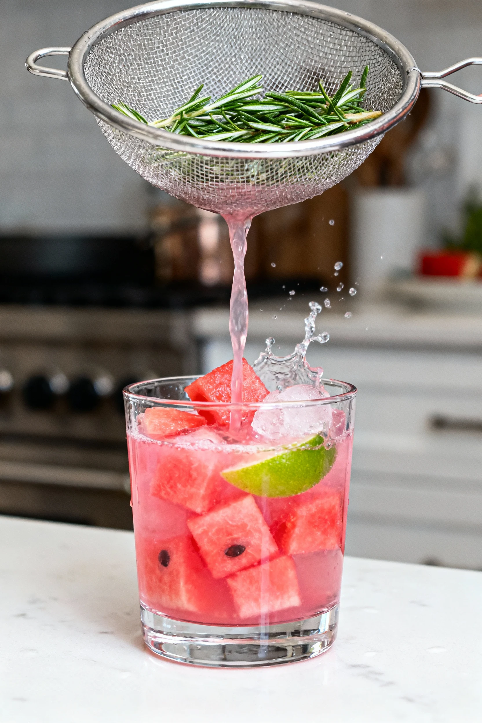Watermelon Rosemary Refresher being strained before serving: fine-mesh sieve catching rosemary while a chilled pink infu