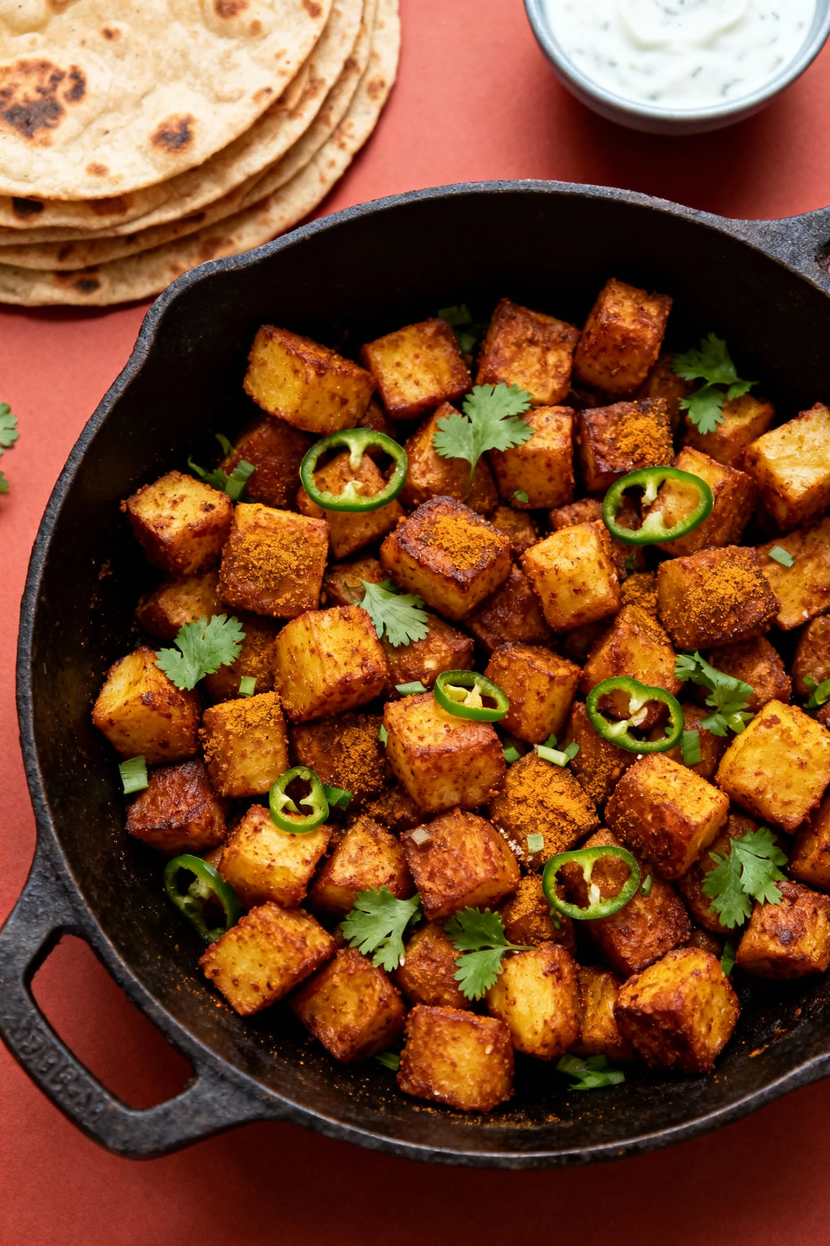 Tasty top view: overhead shot of finished masala potatoes in cast-iron—evenly browned cubes finished with garam masala a