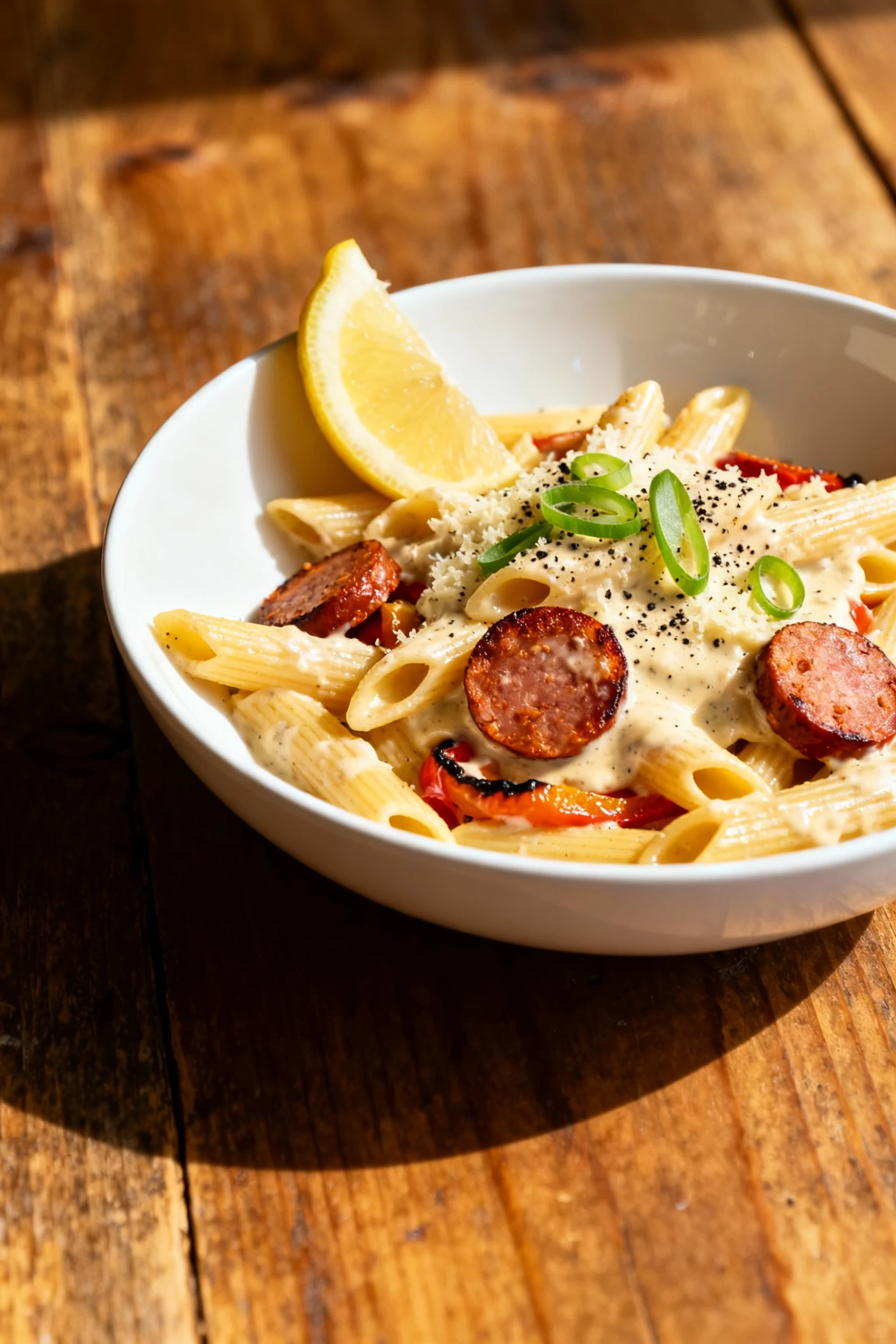 Final plated dish: creamy Cajun andouille pasta in a shallow white bowl, glossy Parmesan-cream sauce clinging to penne,