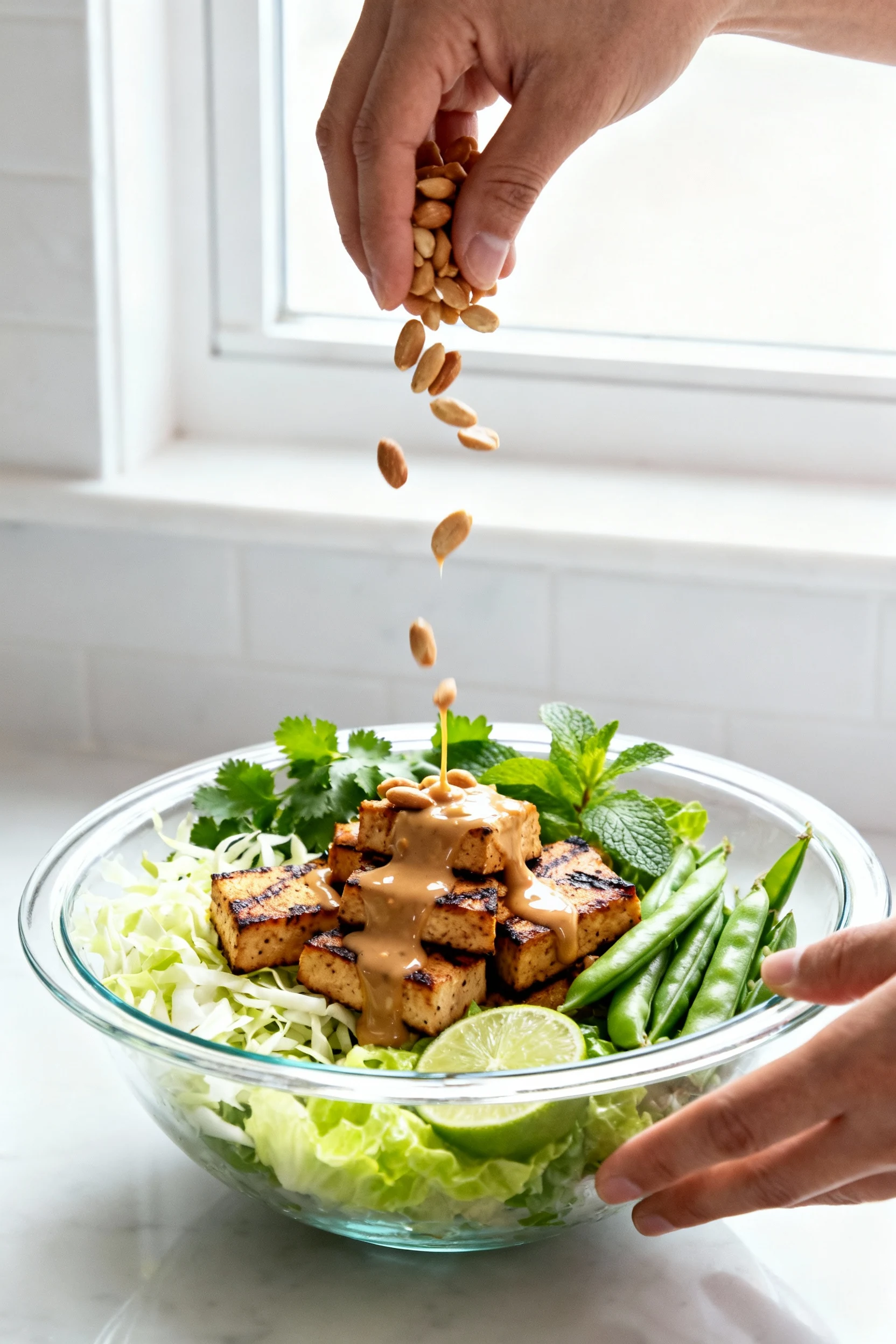 3. Cooking process: Thai‑ish Peanut‑Lime Crunch in a chilled bowl as glossy peanut‑lime dressing drizzles over grilled t