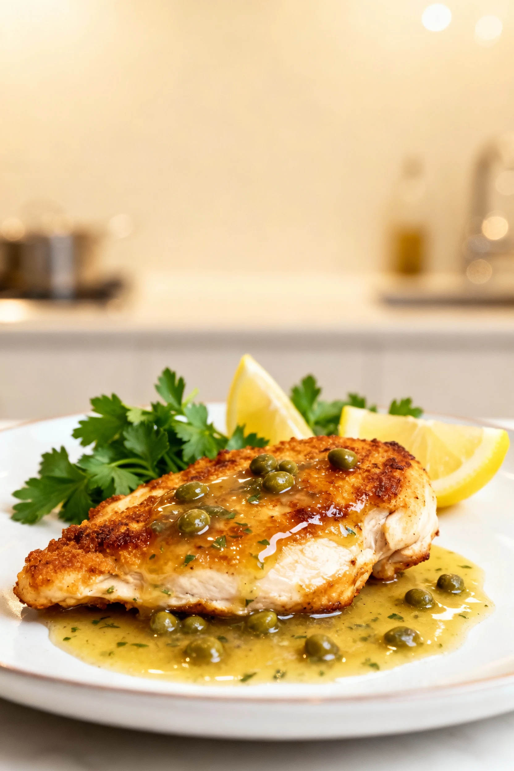 Final dish presentation: seared chicken cutlets finished to 165°F with silky lemon-herb caper pan sauce (piccata vibes),