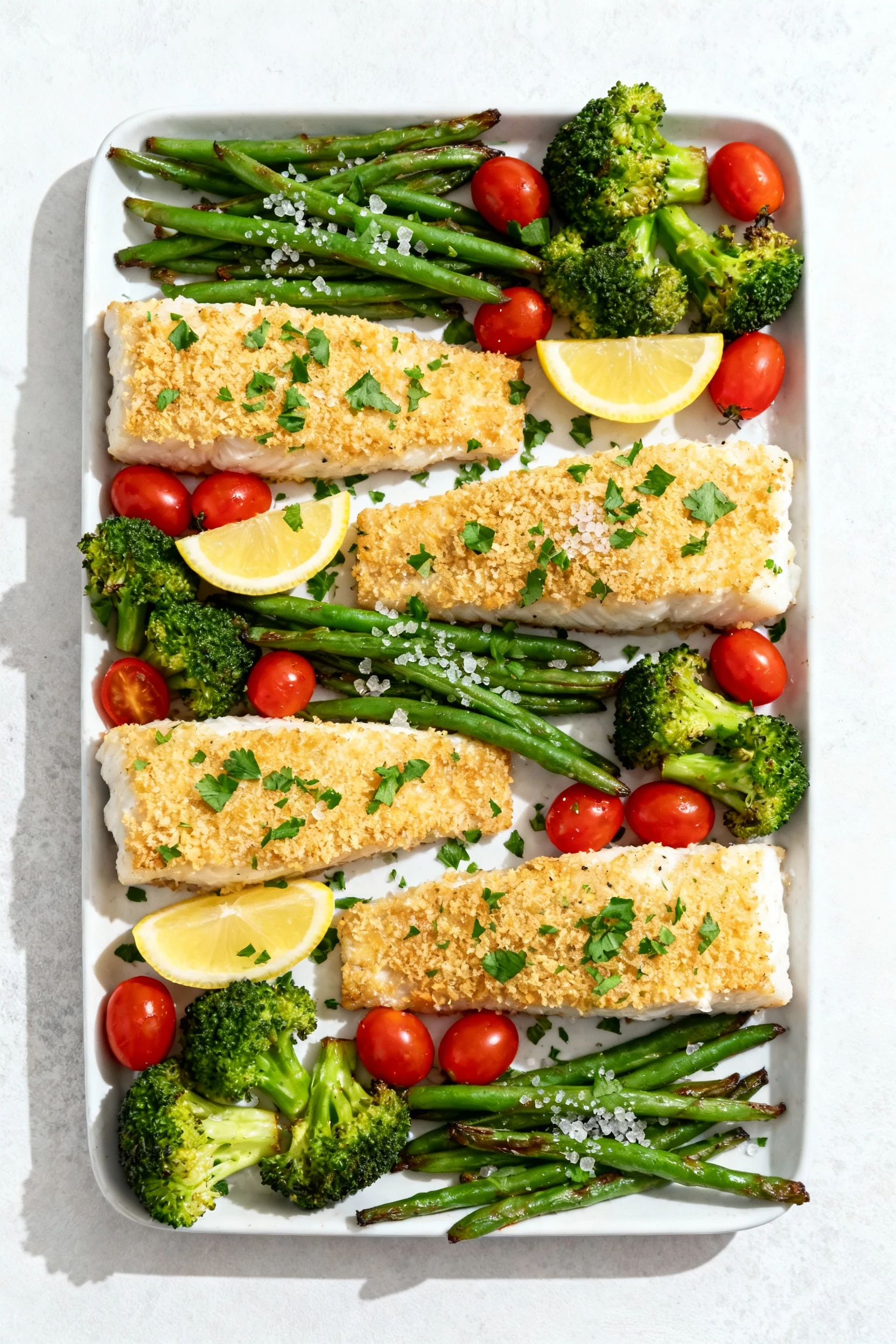 Overhead shot of the one-pan dinner: four lemon-parsley panko–topped cod fillets with lemon wedges, neatly arranged roas