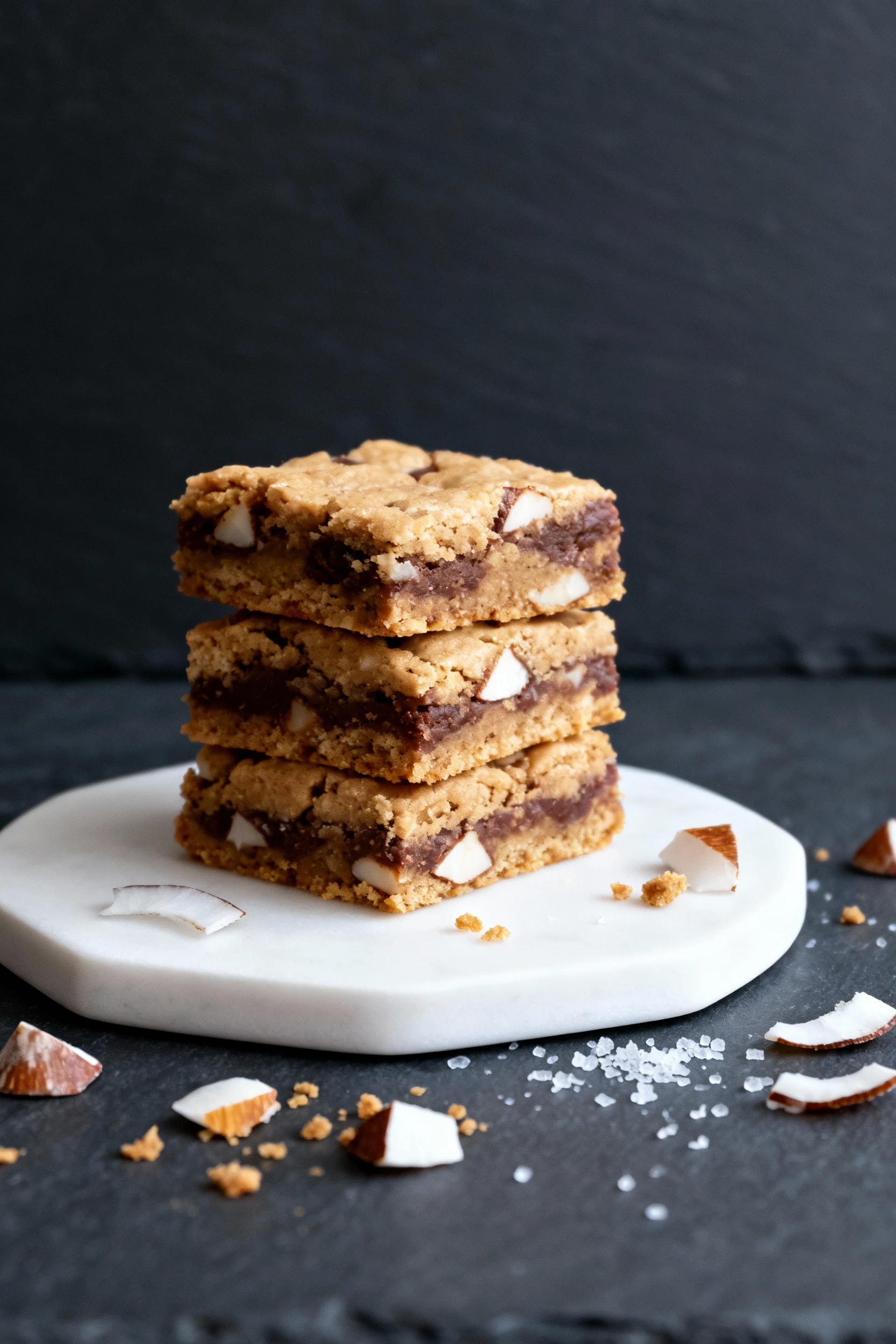 Final presentation: neatly stacked Magic Cookie Bars on white stoneware, ultra-clean chilled cuts, a few toasted coconut