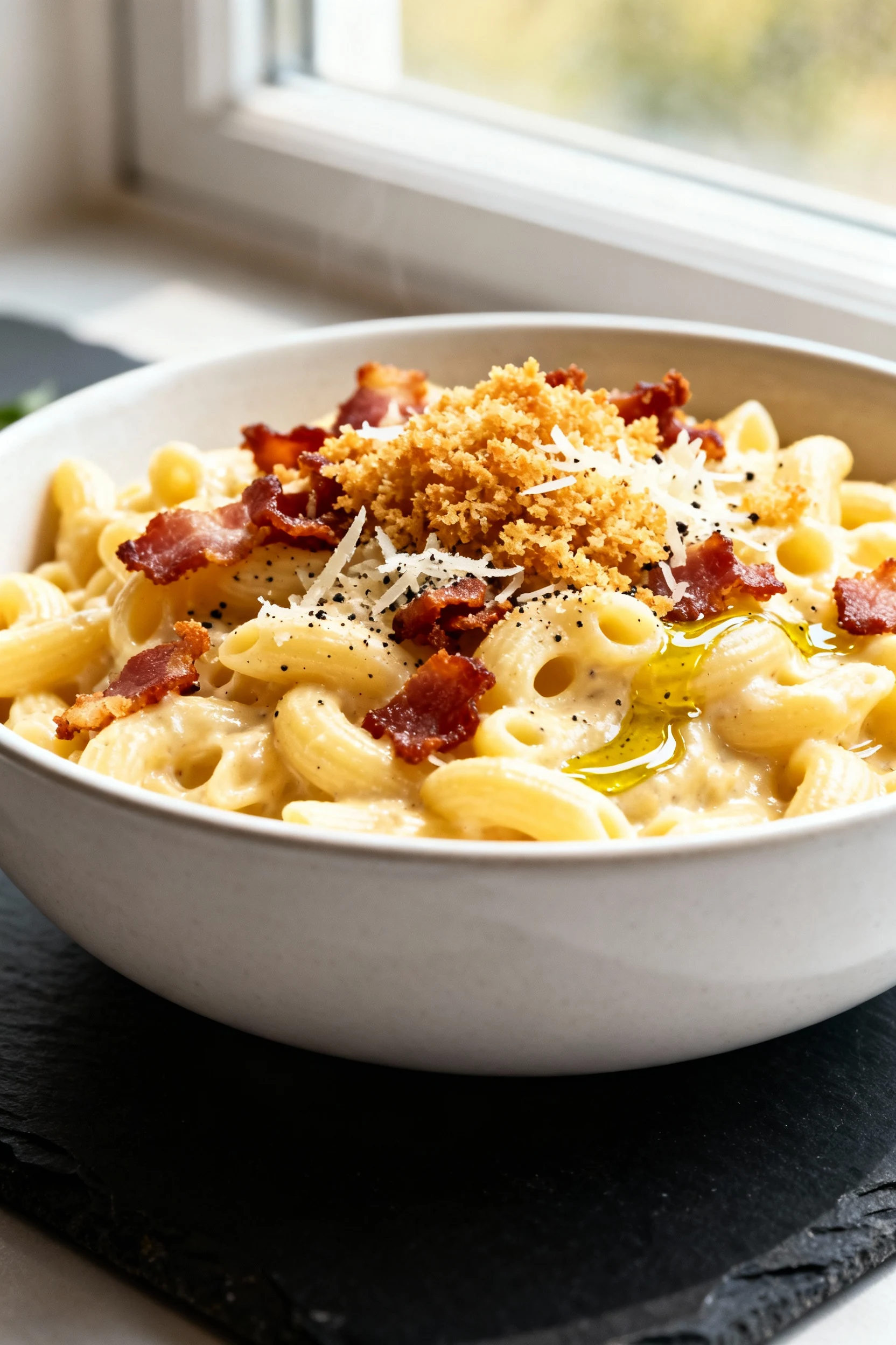 3. Final dish: Creamy macaroni finished with crispy bacon crumbles and a golden toasted panko–garlic-butter topper, extr