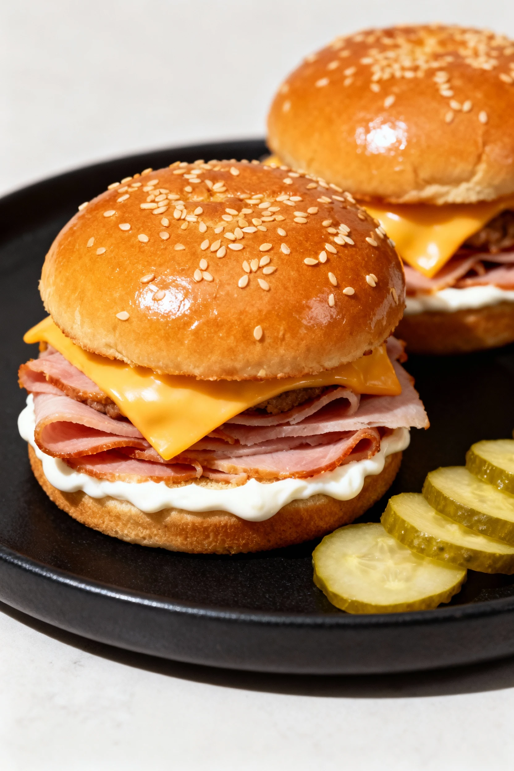 Beautifully plated ham & Swiss sliders: sesame-topped glossy buns, melted Swiss and stacked ham peeking out, mayo barrie
