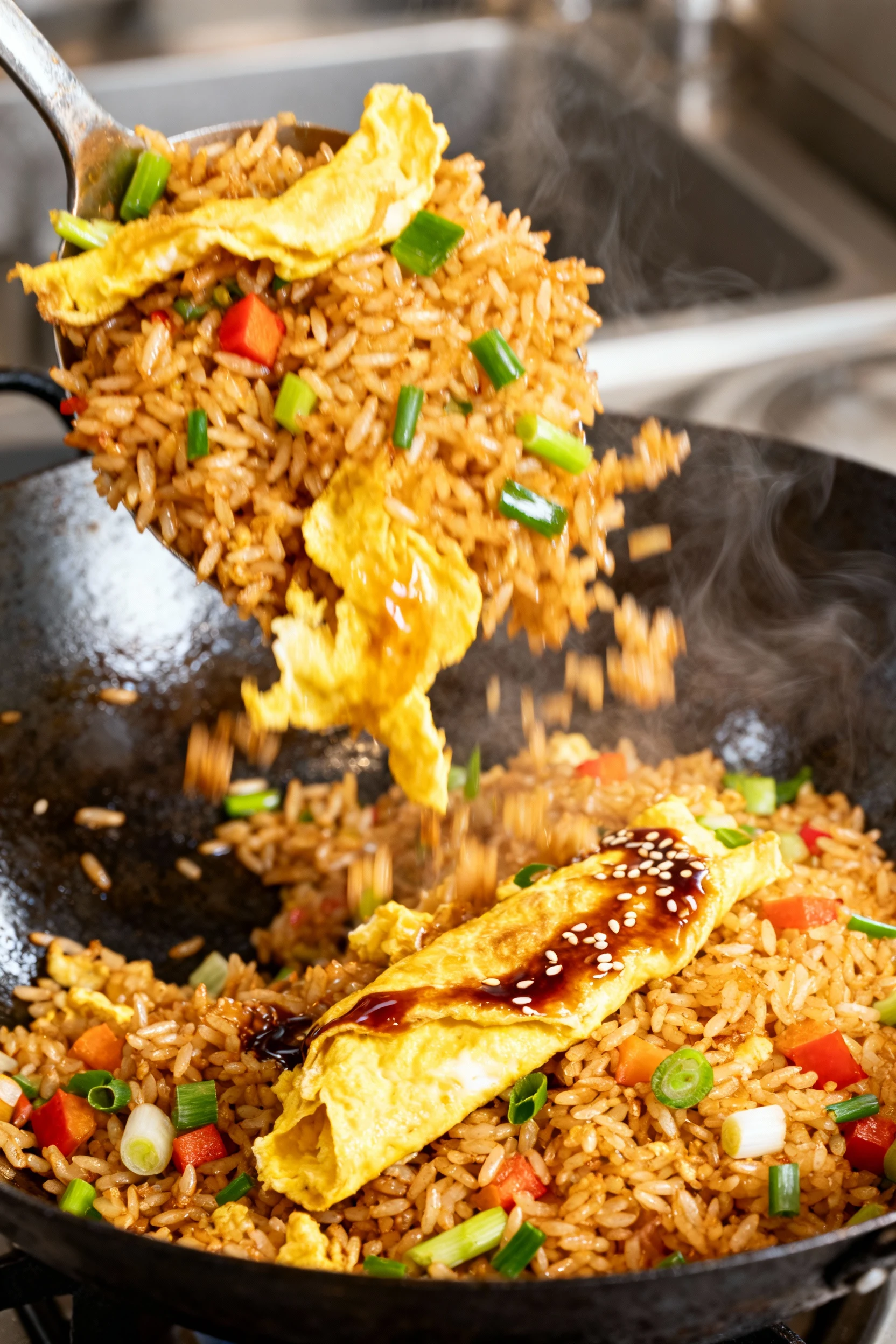 Cooking process: simple fried rice tossed in a hot wok—golden rice with mixed veggies and scallions, scrambled egg just 