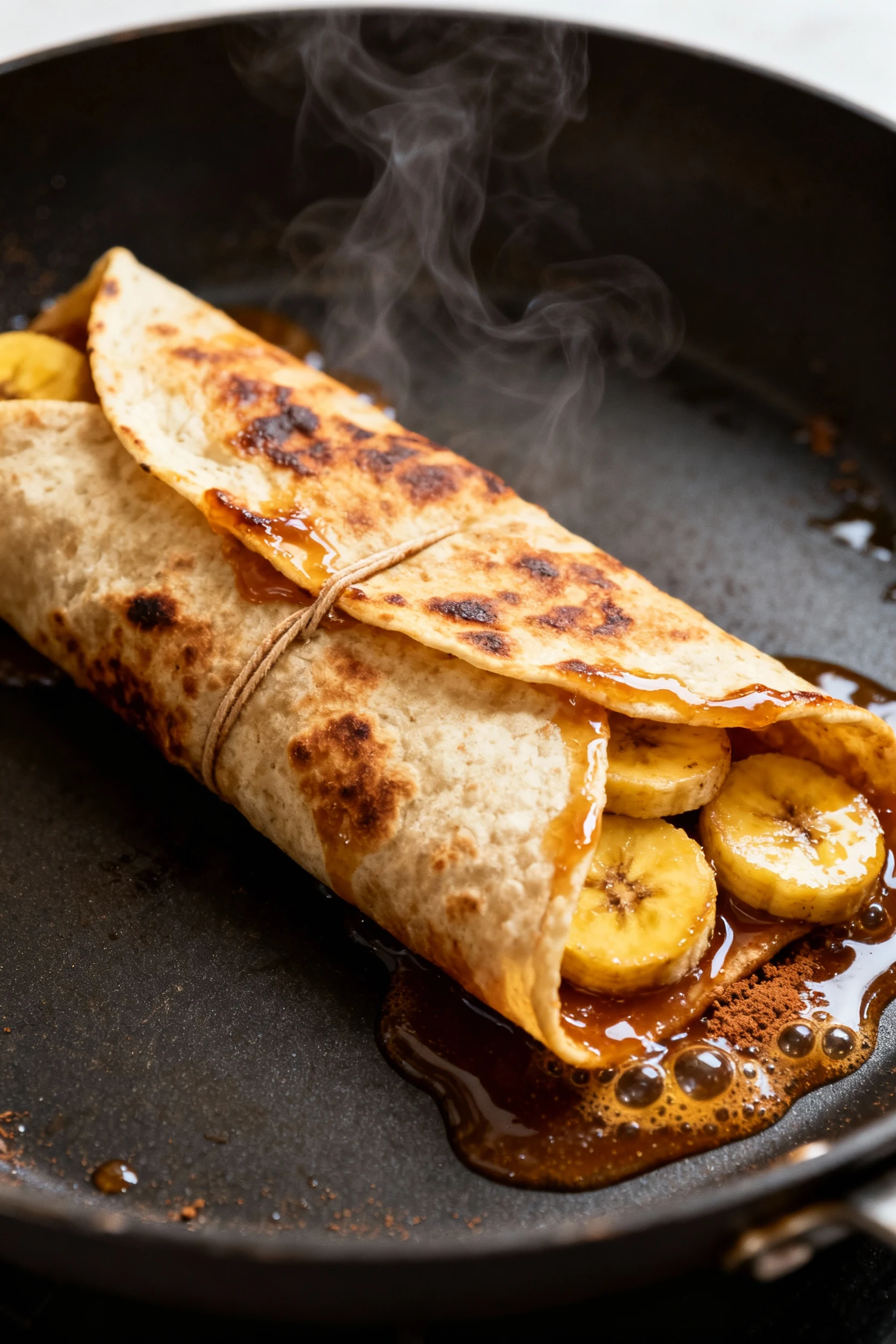 Cooking process: Caramelized banana wrap seam-side down in a nonstick skillet, tortilla blistered and crisping, ribbons 