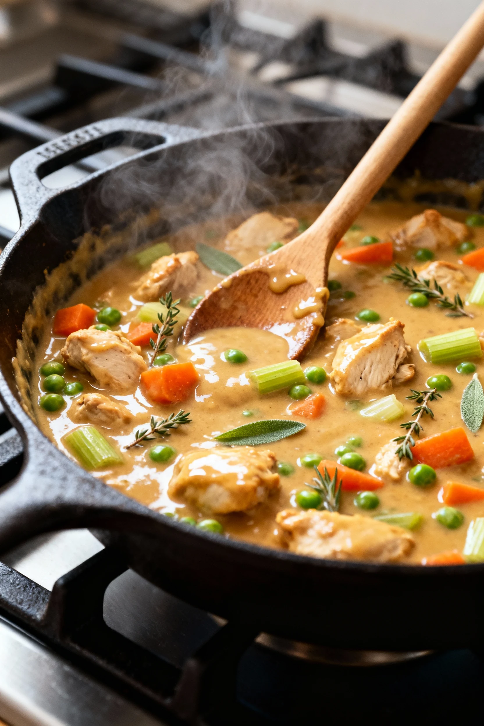 Process shot: thick, glossy chicken pot pie filling simmering in a cast-iron skillet—velvety roux-based sauce coating ch