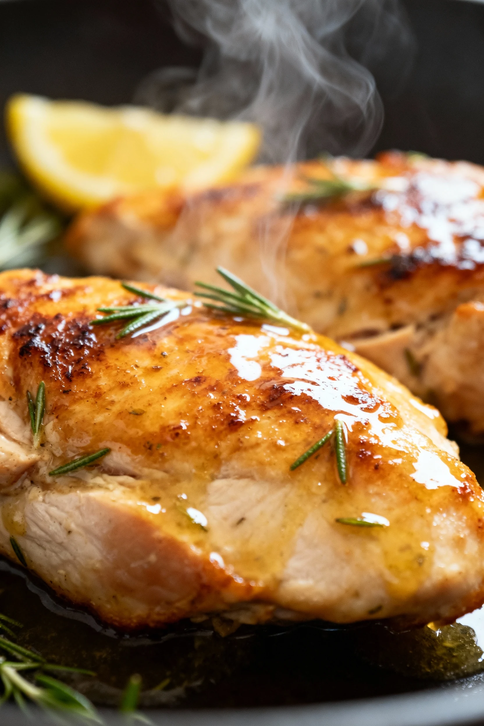 Close-up detail of golden-brown seared chicken breasts coated in glossy lemon-thyme sauce, glistening under natural ligh