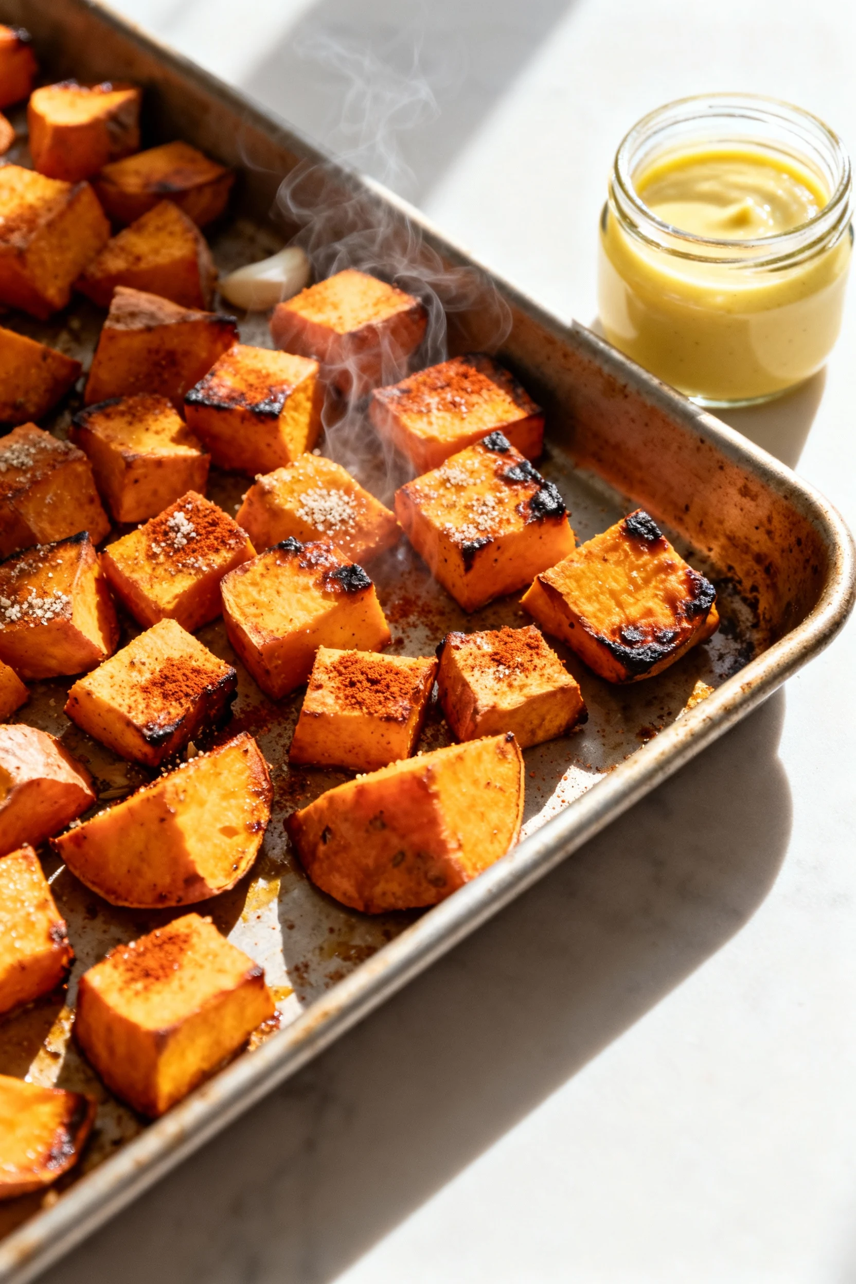 Cooking process — Roasted Sweet Potato & Arugula with Tahini: sheet pan of caramelized sweet potato cubes just out of a 