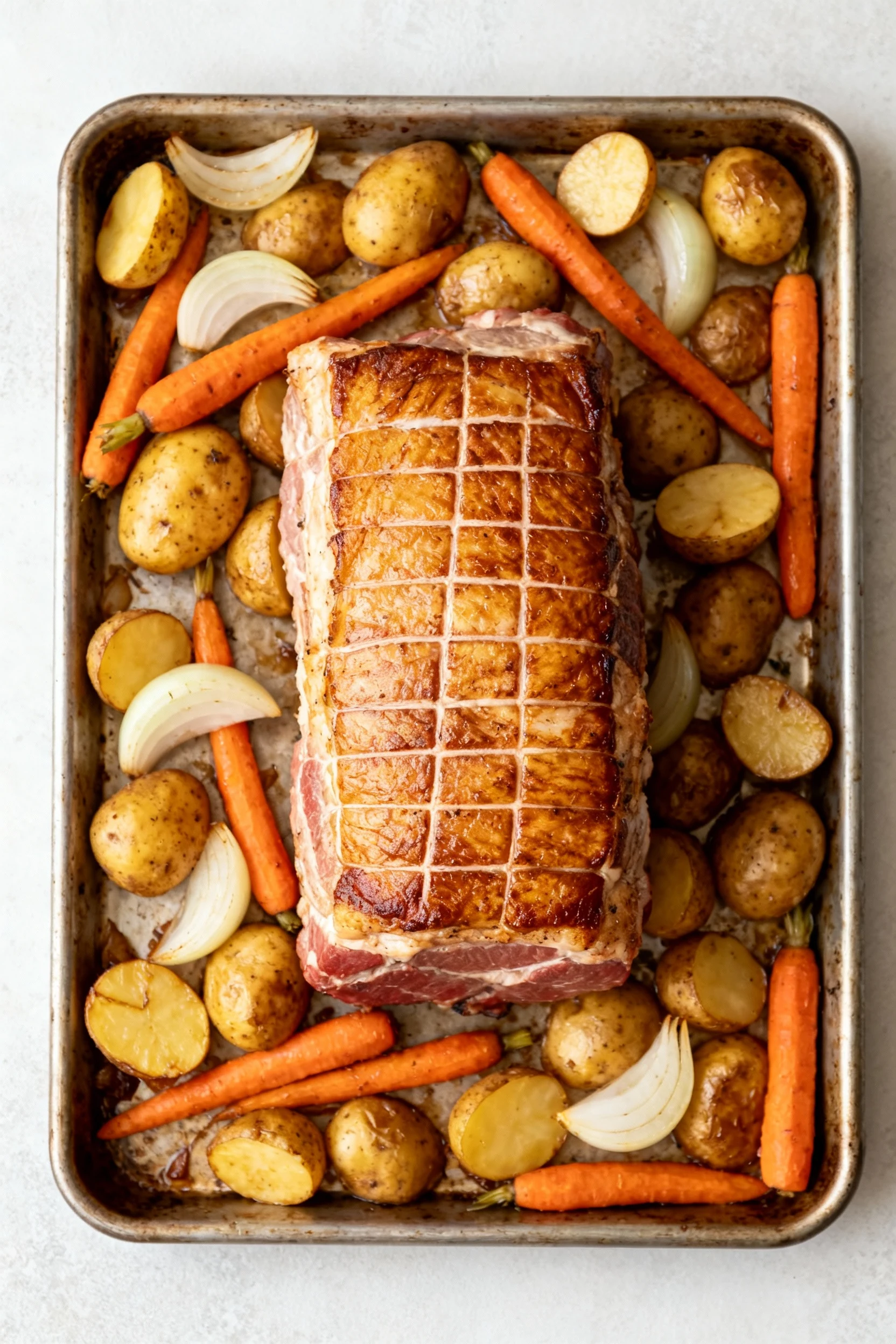 3. Overhead shot of sheet-pan pork loin fat-side up on caramelized potatoes, carrots, and onion wedges; deep golden bark