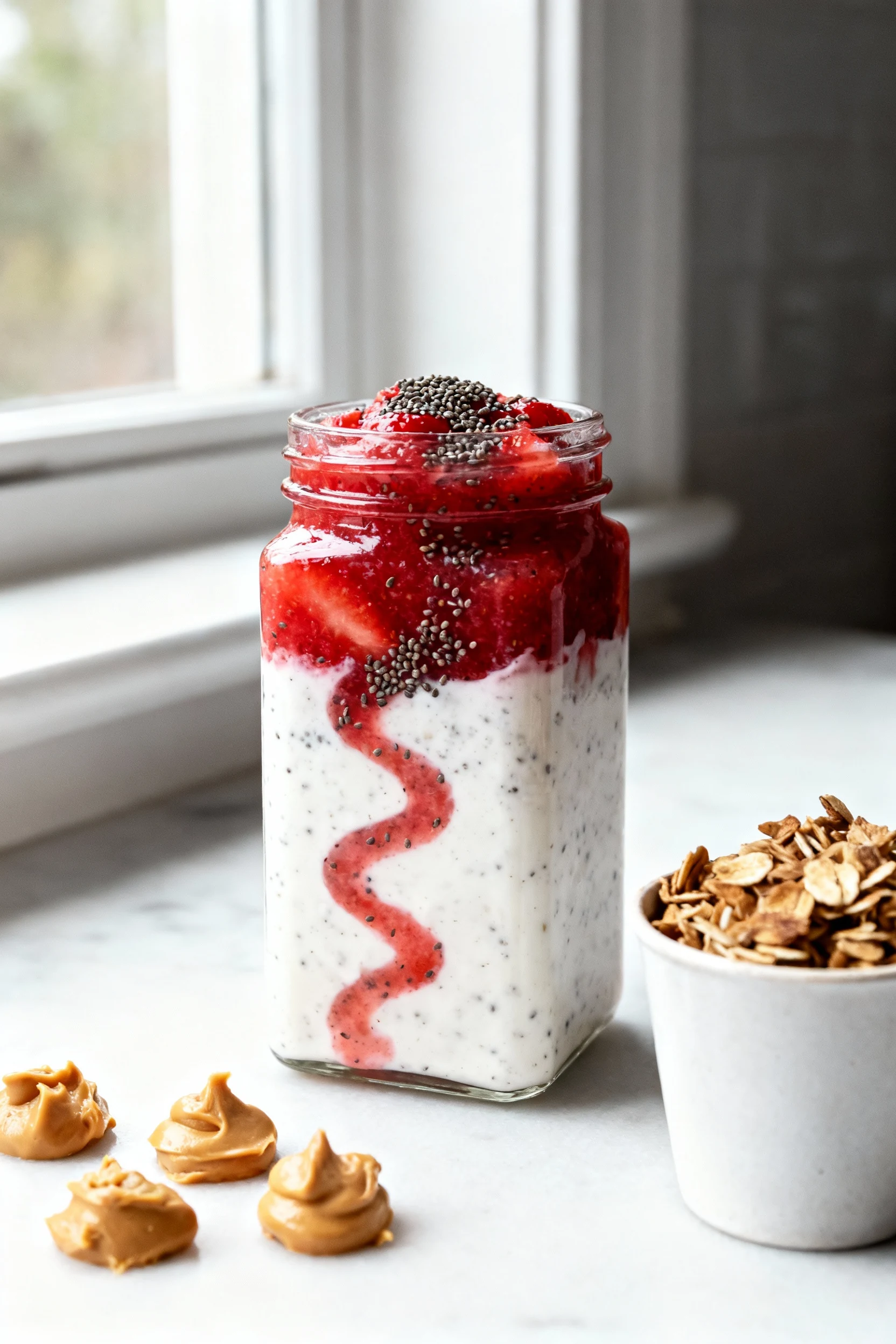 Cooking process shot: PB&J parfait being assembled in a straight‑sided jar—Layer 2 “ripple” of mashed strawberry compote