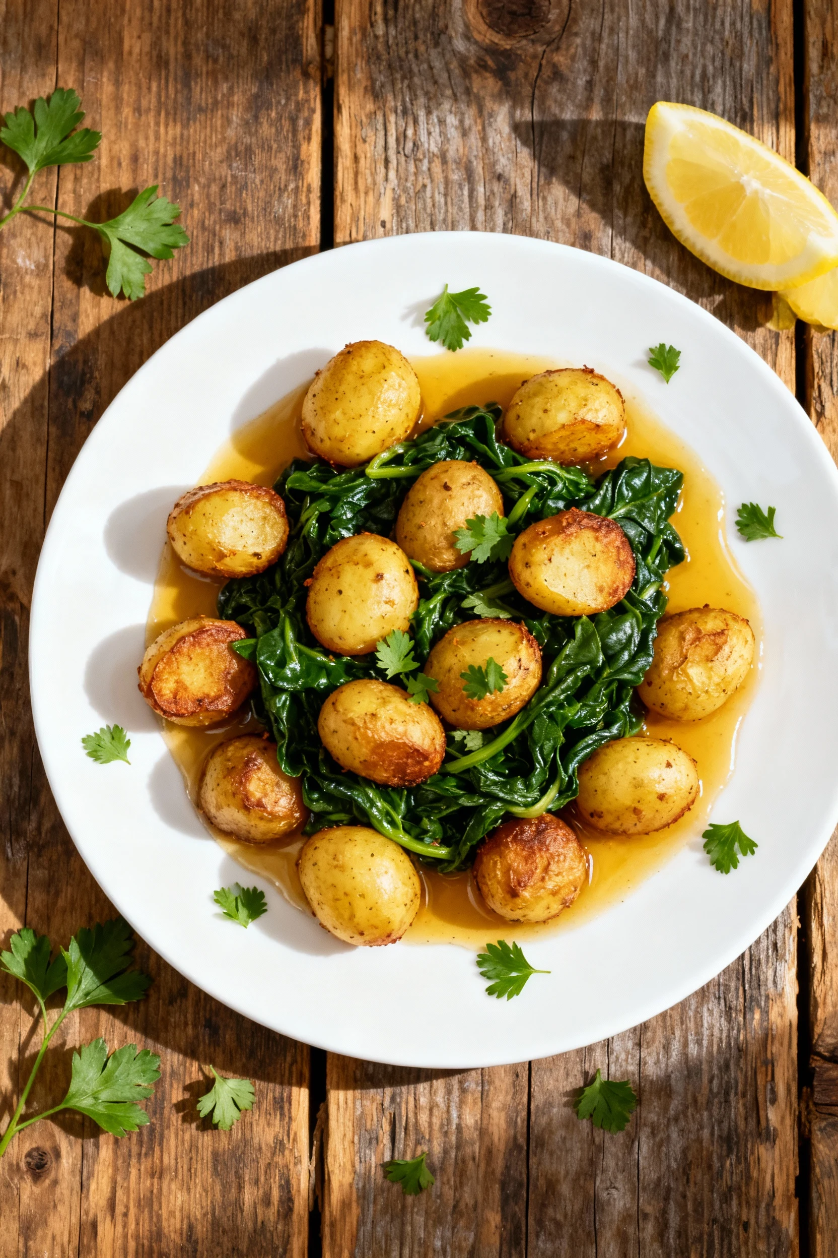 Tasty top view: overhead shot of the final plated chicken with crispy baby potatoes and wilted spinach, pan sauce poolin