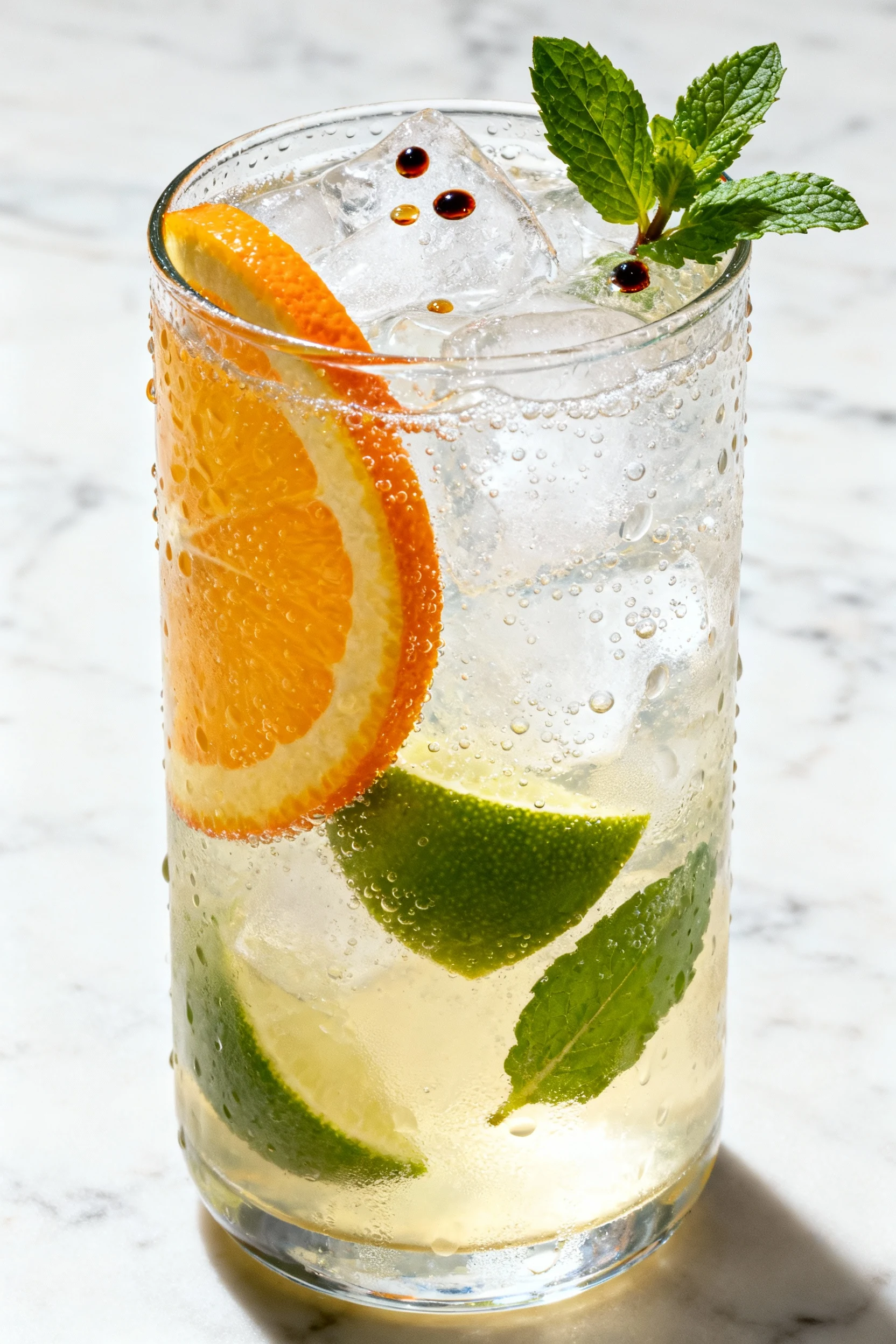 Final drink: Tall highball Citrus-Mint Sparkler with clear ice, lively carbonation, orange and lime wheel garnish and a 