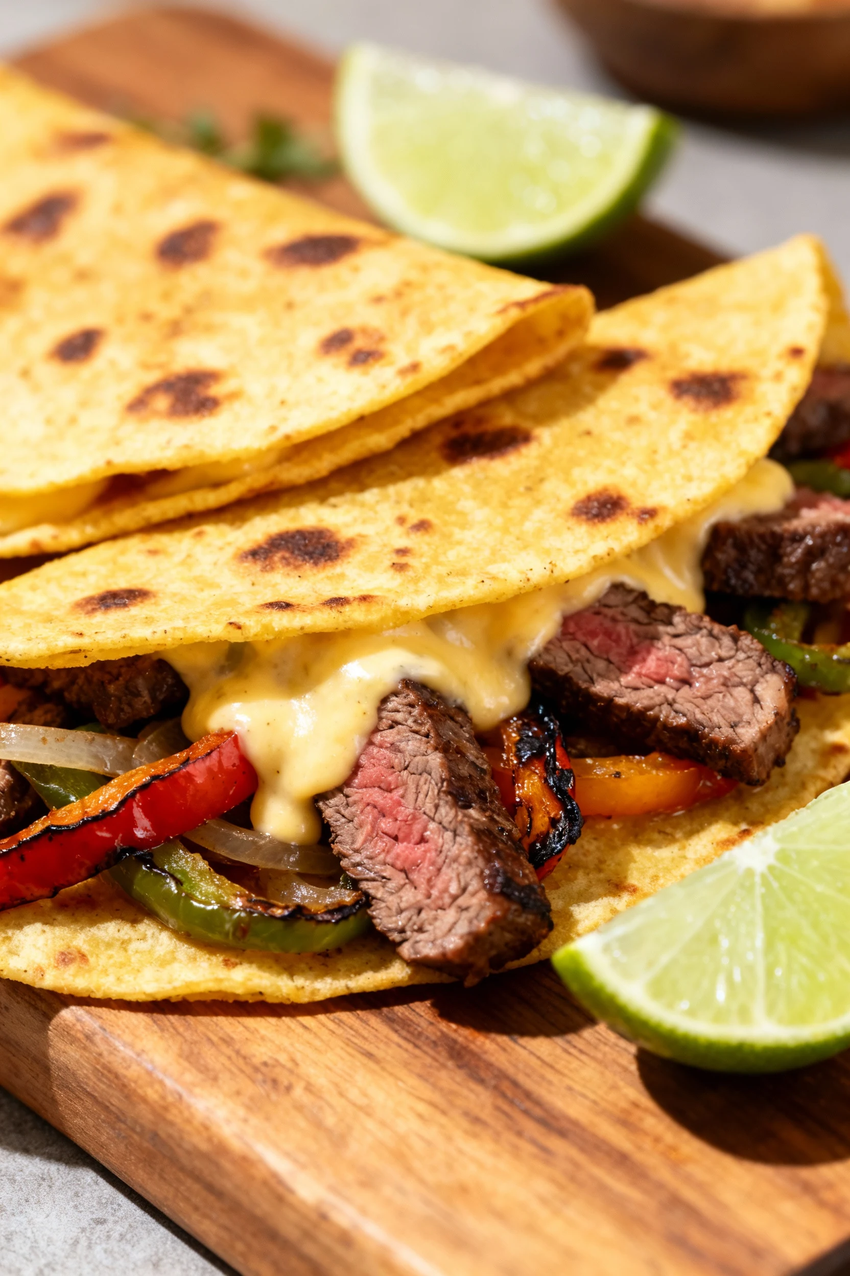 Beautifully plated steak fajita quesadilla wedges on a wooden board: golden, crisp tortillas with browned griddle spots,