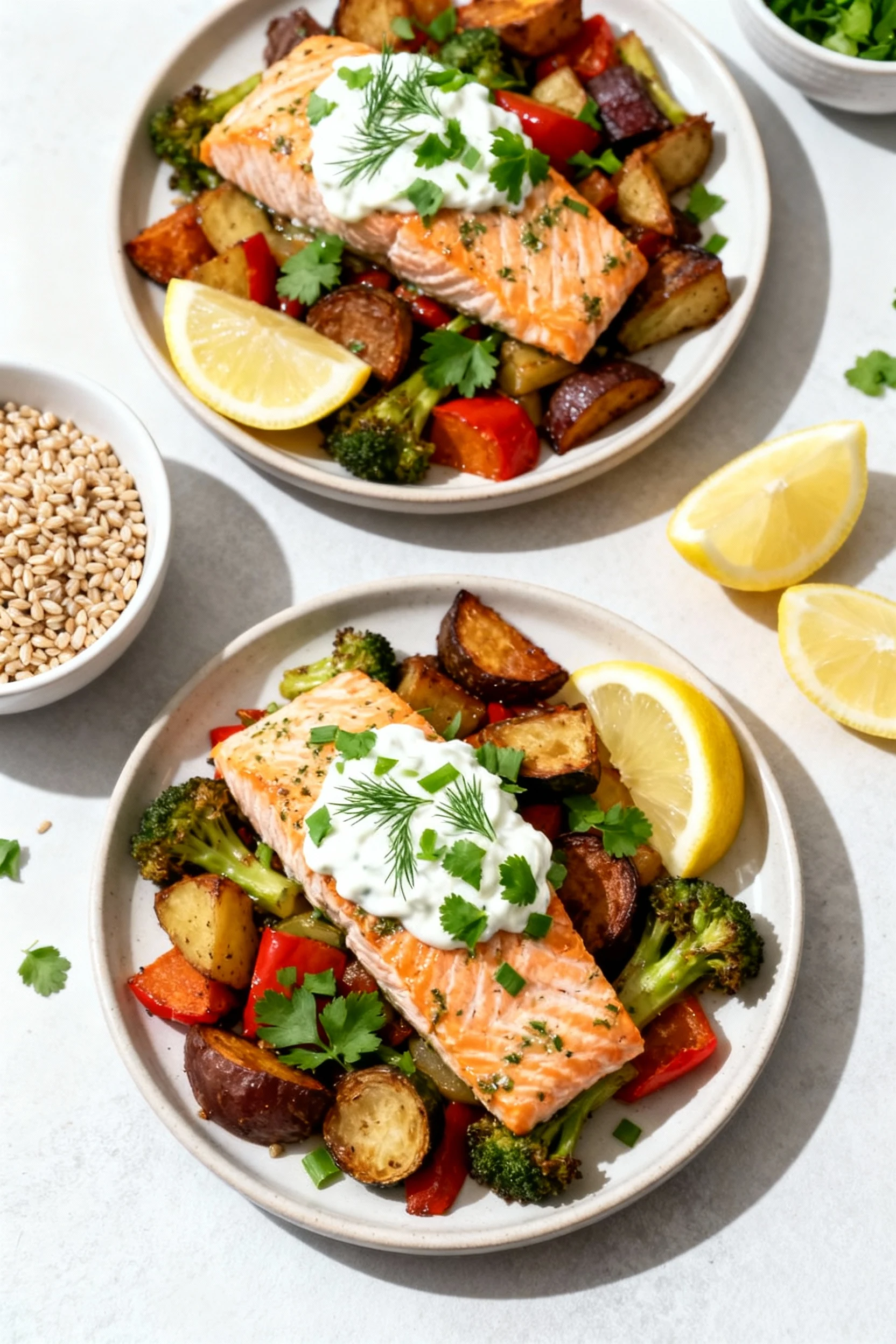 Tasty top view: two plates of lemon–garlic salmon over roasted veggies, topped with yogurt–dill and chopped parsley, lem